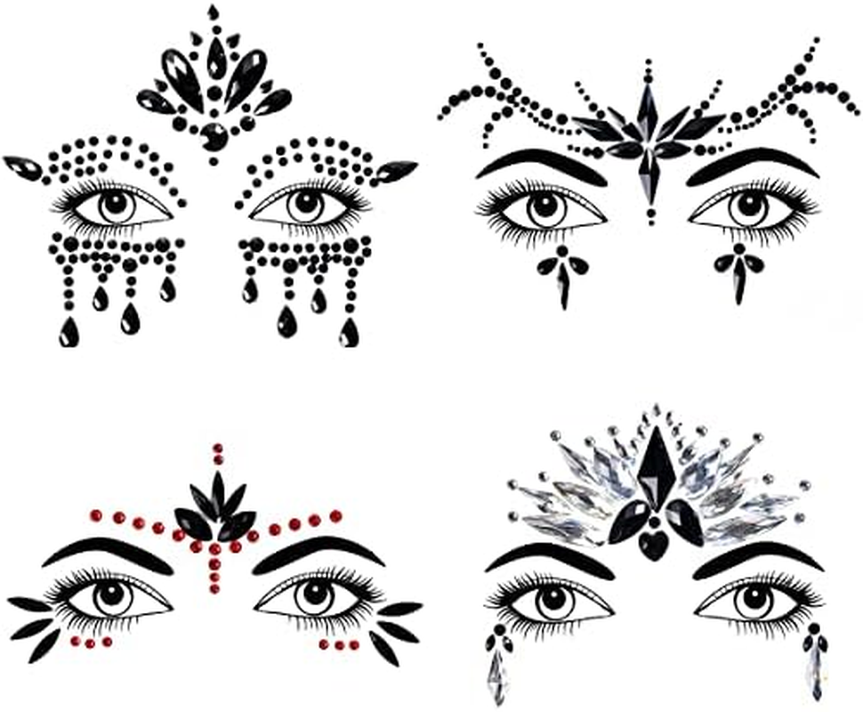 Bowitzki Halloween Face Jewels Festival Design Women Mermaid Face Gems Rhinestone Crystals Stickers Eyes Body Temporary Tattoos (4 Set B)