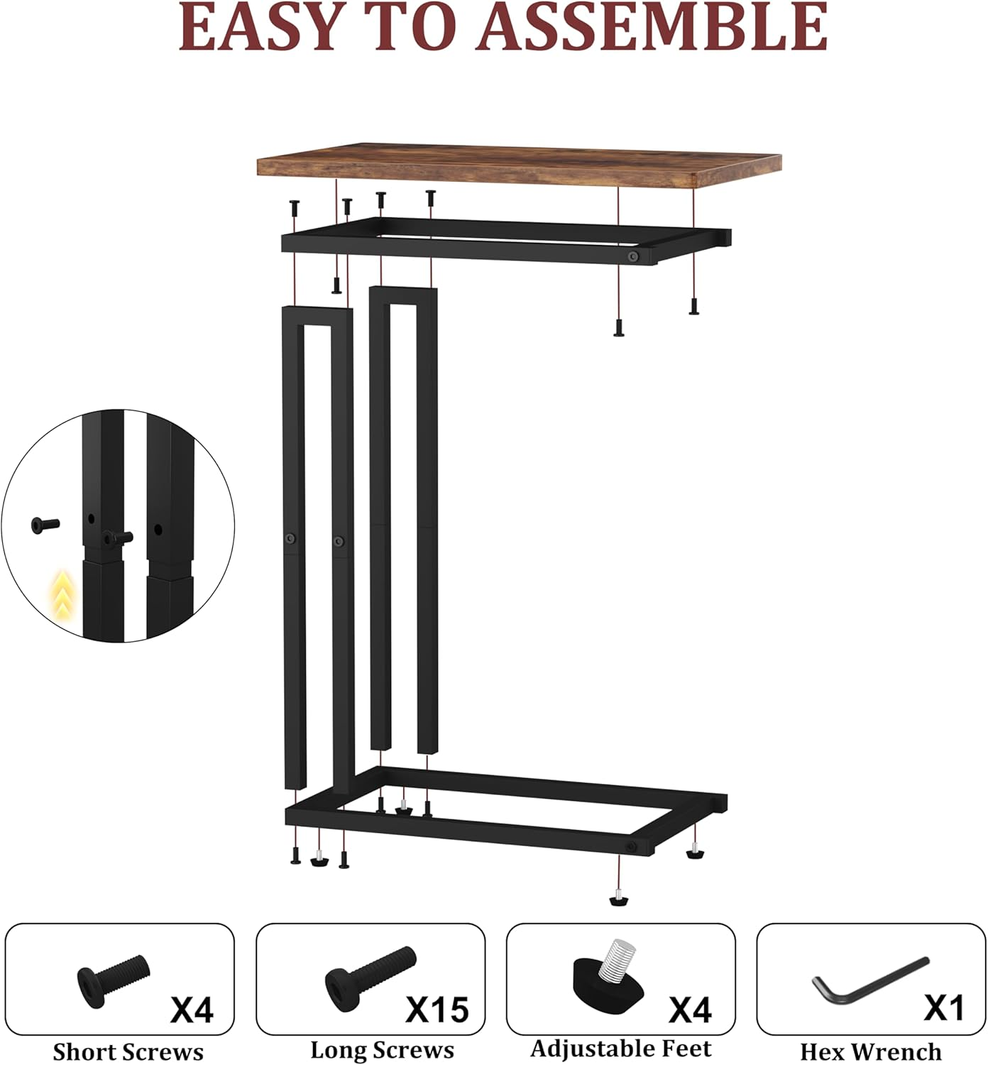 HOMEFORT Narrow C Shaped End Table - Space-Saving Side Table for Living Room, Bedroom, Sofa Small Spaces, Rustic Brown image number 2