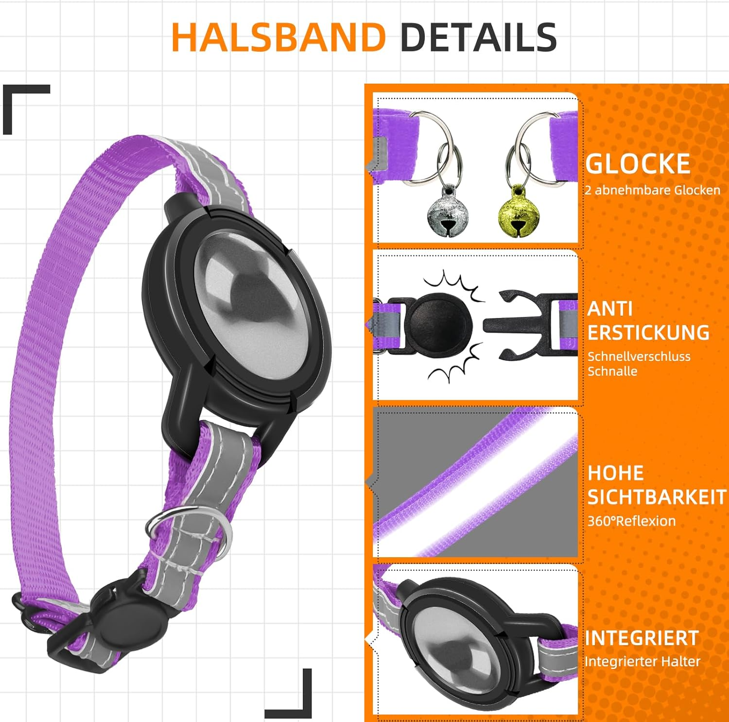 Airtag Cat Collar, Reflective GPS Cat Collars with Apple Airtag Holder, Air Tag Cat Safety Collar, Adjustable Lightweight Tracker Collars for Cats, Kittens, Small Dogs (Purple) image number 3
