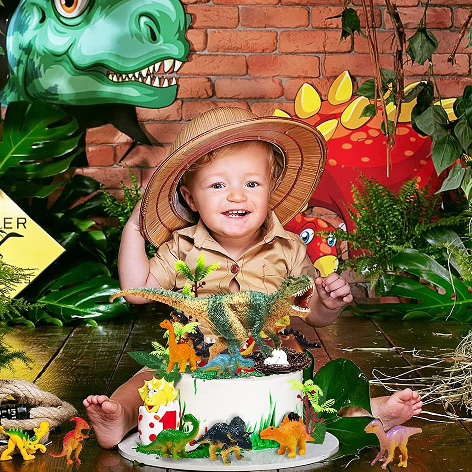 26 PCS Luminous Dinosaur Cake Toppers with Dinosaur Eggs Leaves Trees Cake Decorations for Birthday Party, Kids Party Cake Decorations