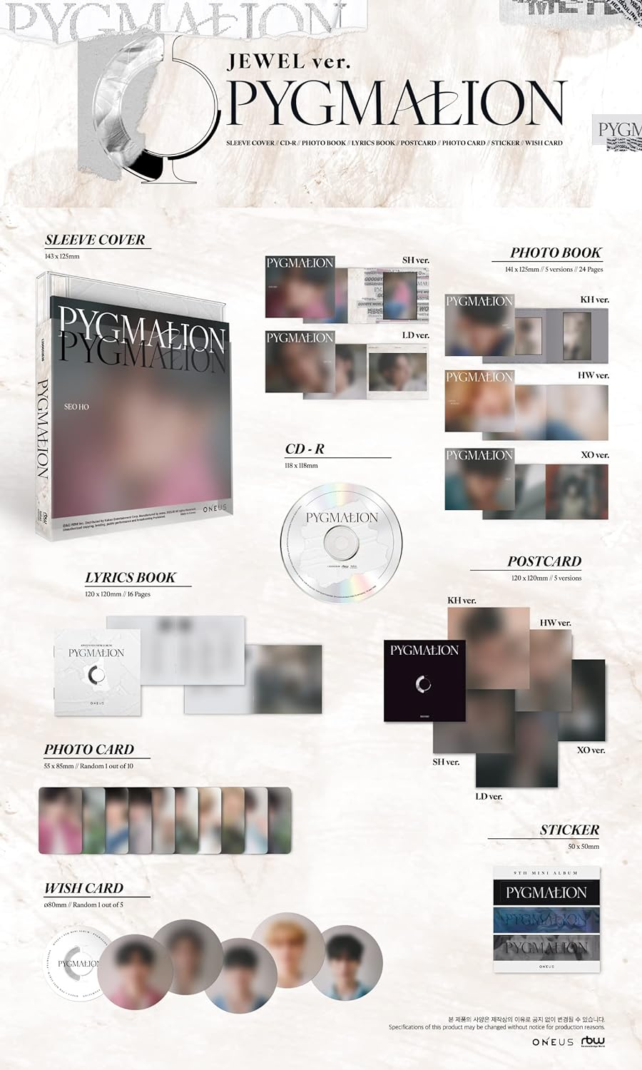 ONEUS PYGMALION 9Th Mini Album Jewel Version SH Cover Cd+24P Photobook+16P Lyric Book+1P Photocard+1P Postcard+1P Wish Card+1Ea Sticker+Tracking Sealed