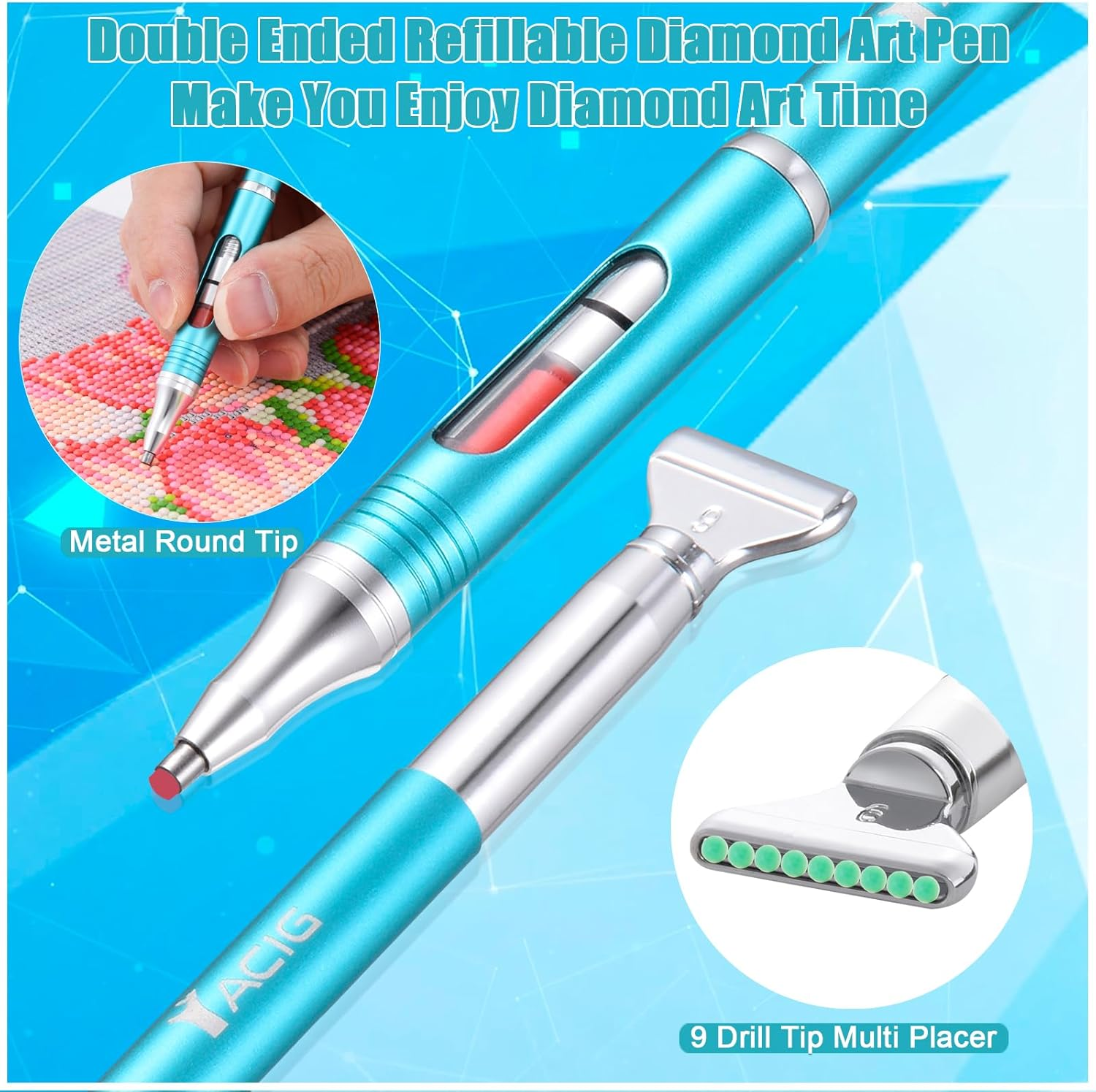 Diamond Art Pen Refillable Wax Pen for Diamond Painting, Metal 5D Diamonds Art Accessories Pens with a Multi Placer, Blue image number 6