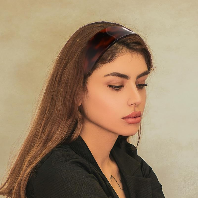 Acrylic Tortoise Shell Headband for Women&rsquo;S Hair Wide Vintage Acetate Headband with Teeth Brown Plastic Hard Headbands Hairband Head Band No Crease Plain Resin Headbands French Style Hair Band Hoop image number 3