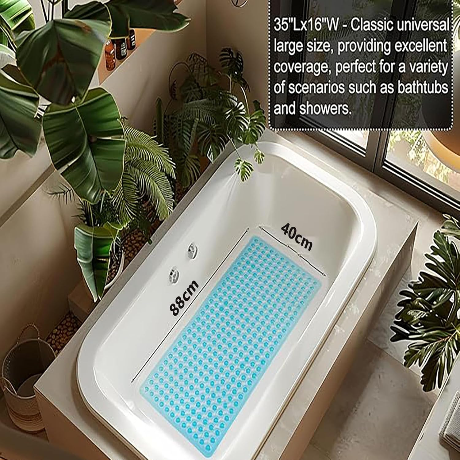 Non Slip Soft Bath Mat with Suction Cups & Drain Holes - Washable Bathtub Floor Liner for Bathroom - Luxurious and Comfortable - 88 * 40 CM, Blue image number 3