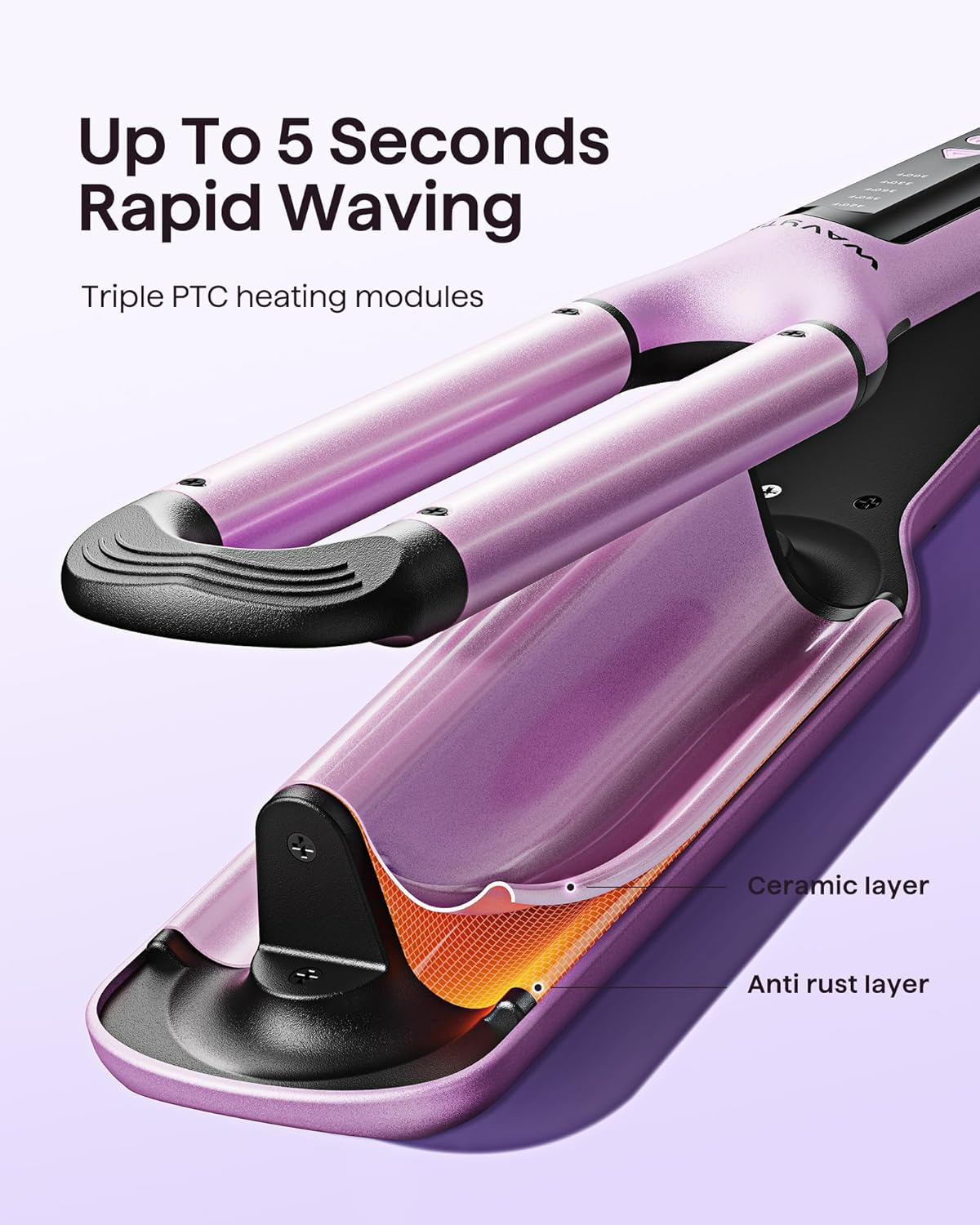 Wavytalk Curling Iron Beachy Waver, Hair Crimpers with 3 Barrel, Ceramic Curling Wand Adjustable Temperature Easy Waves, Dual Voltage, Pink image number 5