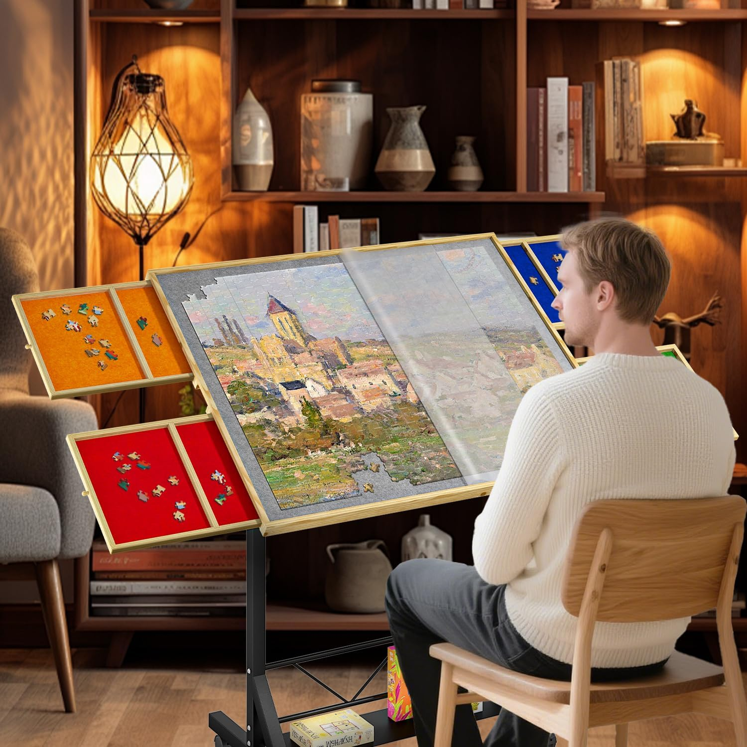 Jigsaw Puzzle Table 1500 Pieces Adjustable Height Puzzle Board 360&deg; Tilting Angle, Puzzle Table anti Slip Felt with Leg Rolling, Sorting Drawer, Cover and Storage for Adults Birthday Gift image number 6