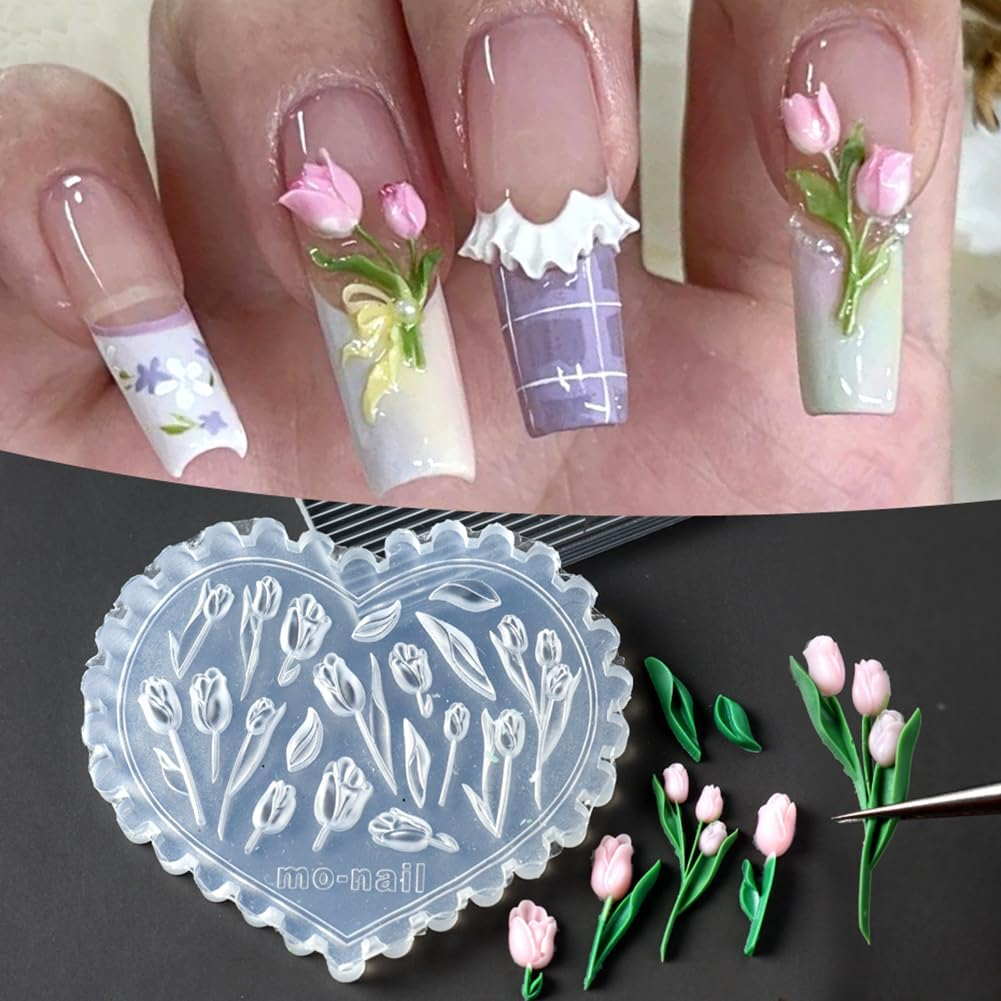 LIFOOST Tulip Flowers Silicone Molds 3D Gel Manicure Carving Mould Floral Nail Stencils Spring Summer Flowers Carved Nail Tools
