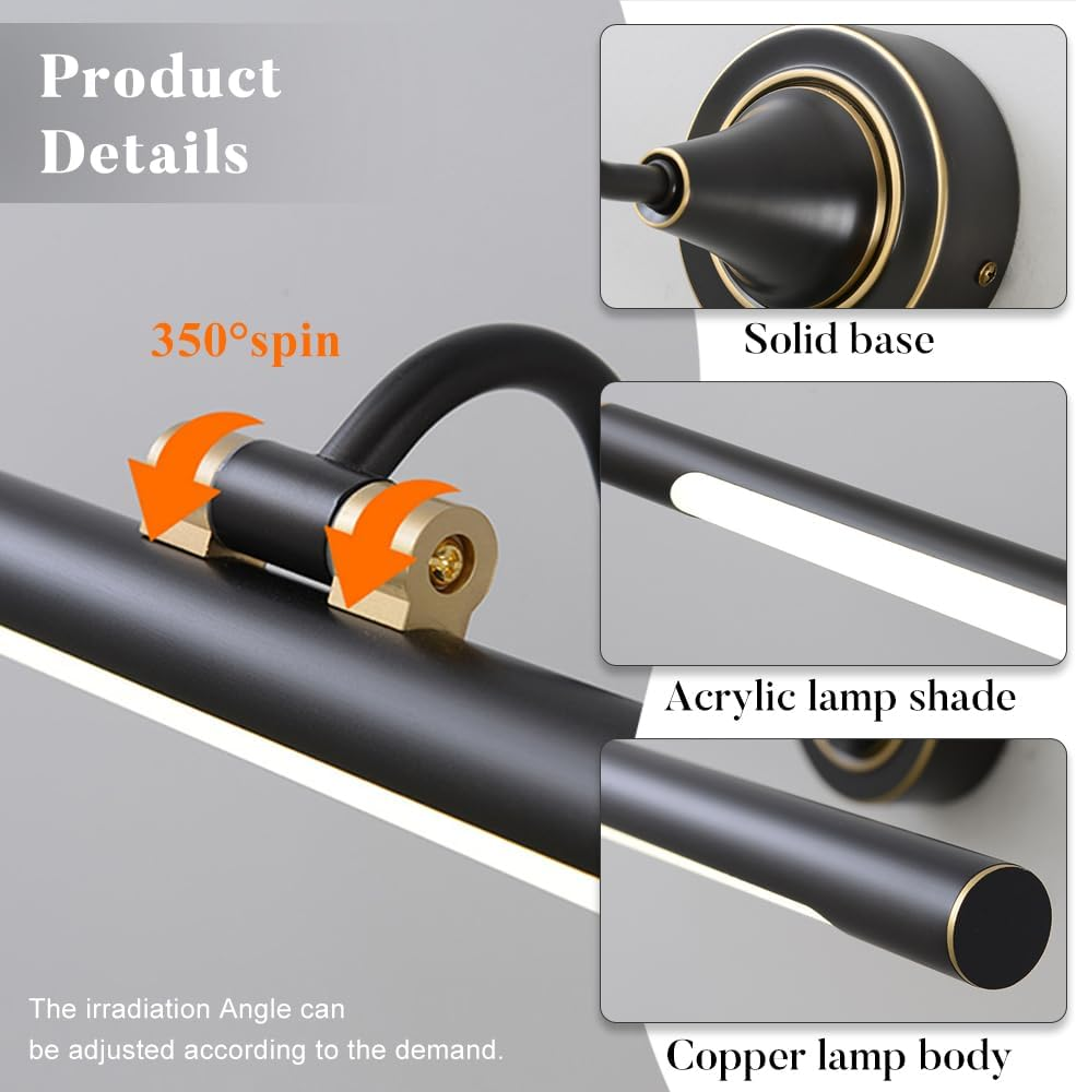 LED Mirror Lamp Bathroom Vanity Light Fixture Adjustable Cabinet Picture Lights, Copper Vanity Sconce Wall Lighting Makeup Lamps for Dressing Room Toilet Cloakroom XXZ image number 5