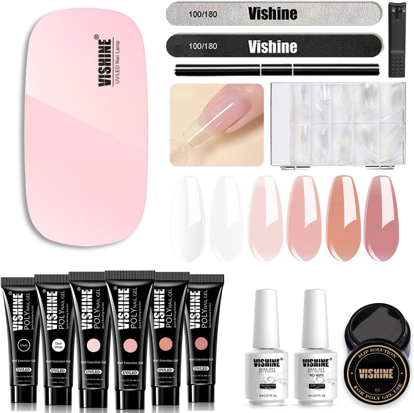 Vishine Poly Extension Gel Nail Kit Mini Nail Lamp Needed Clear Builder Jelly Gel Pink Nude Poly Nail Enhancement Trial All in One French Manicure Kit for Nail Art Starter Kit Nails