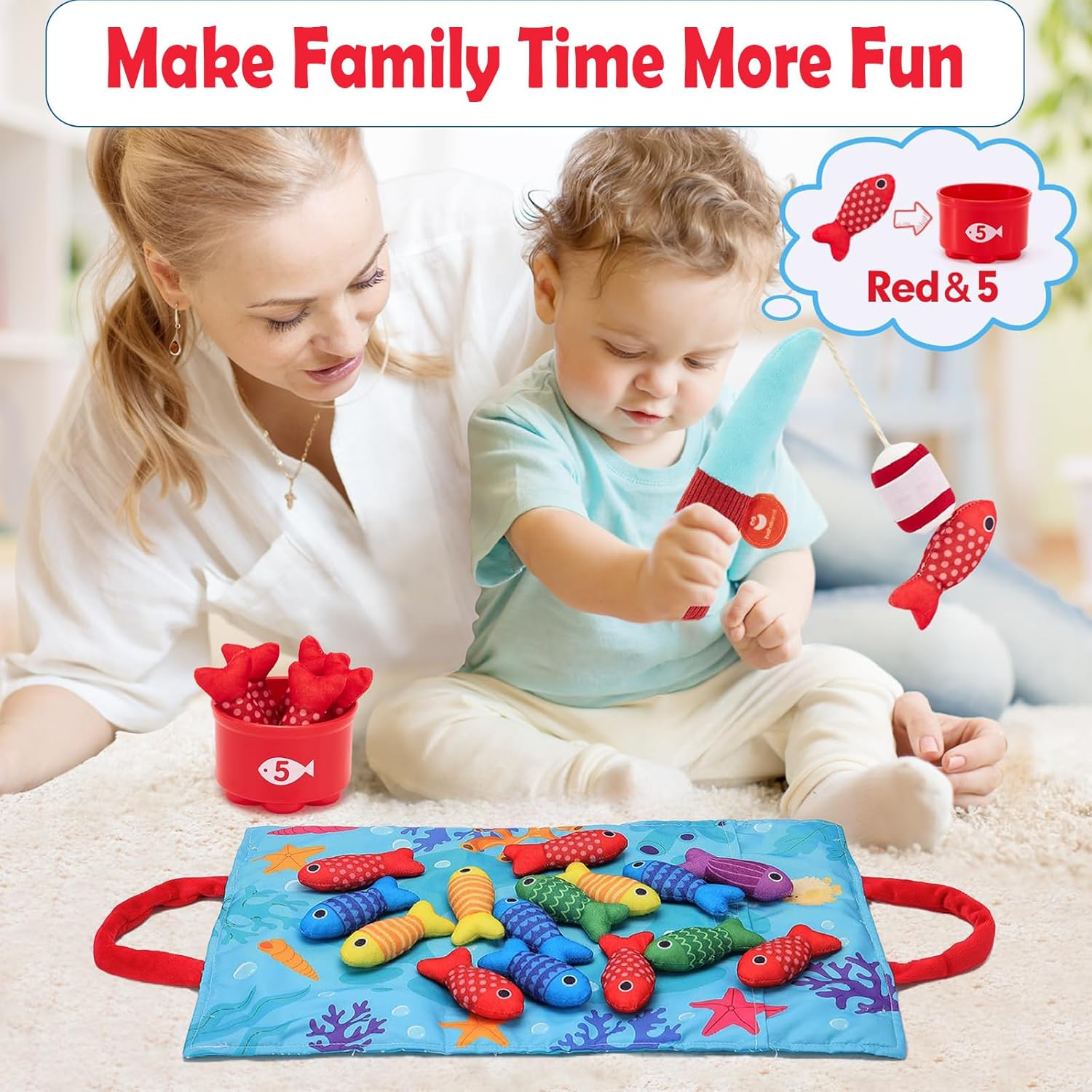 Toddler Toys Montessori Toys for 1-3 Year Old Boy Girl Birthday Gift, 22 Pcs Cloth Fishing Game with Stacking Cups- Number Counting, Color Sorting, Shape Learning Toddler Boy image number 3