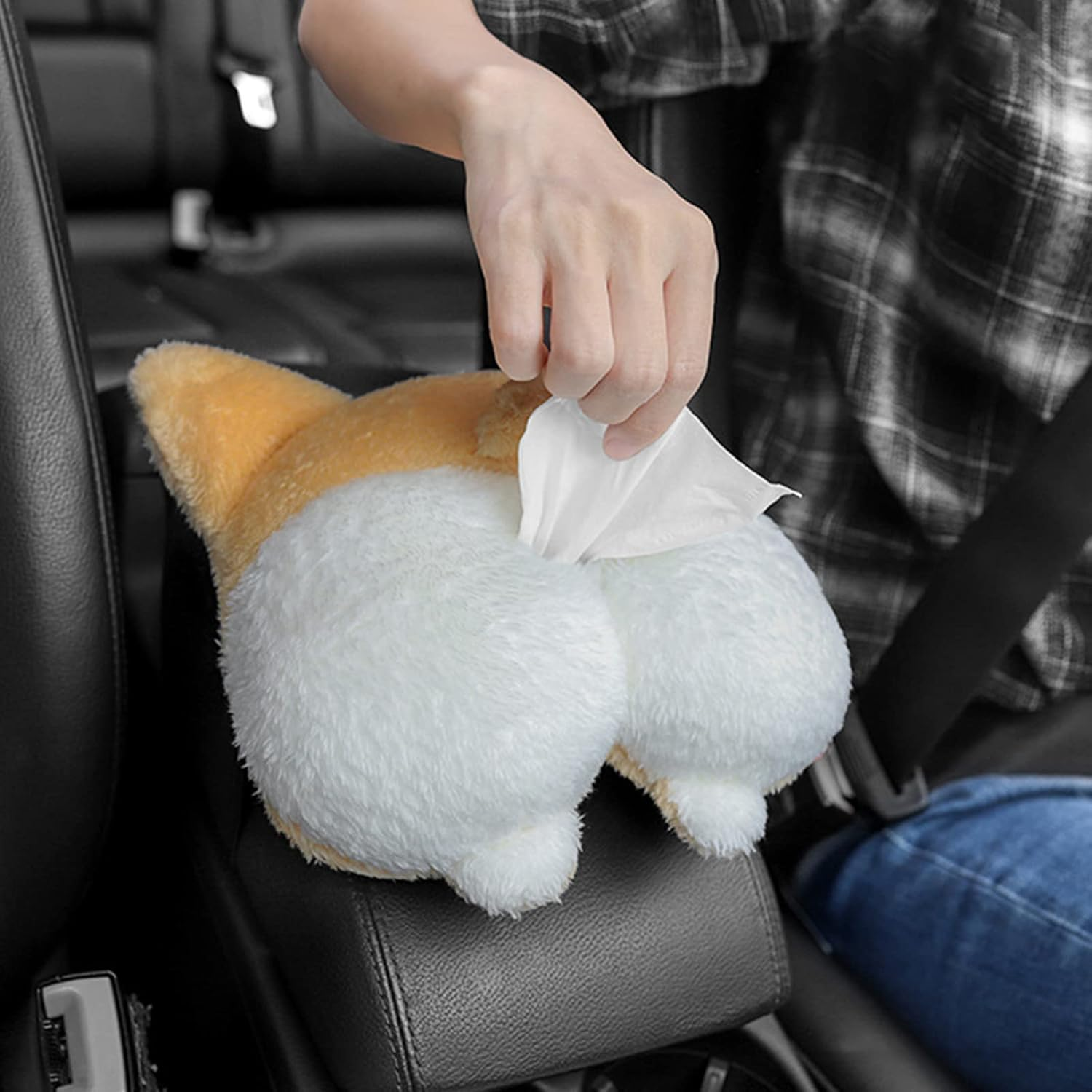 Car Tissue Box Holder - Cute Soft Plush Cat Corgi Butt Dispenser, Cartoon Animals Paper Napkin Storage Box for Home, Bathroom Accessories image number 3