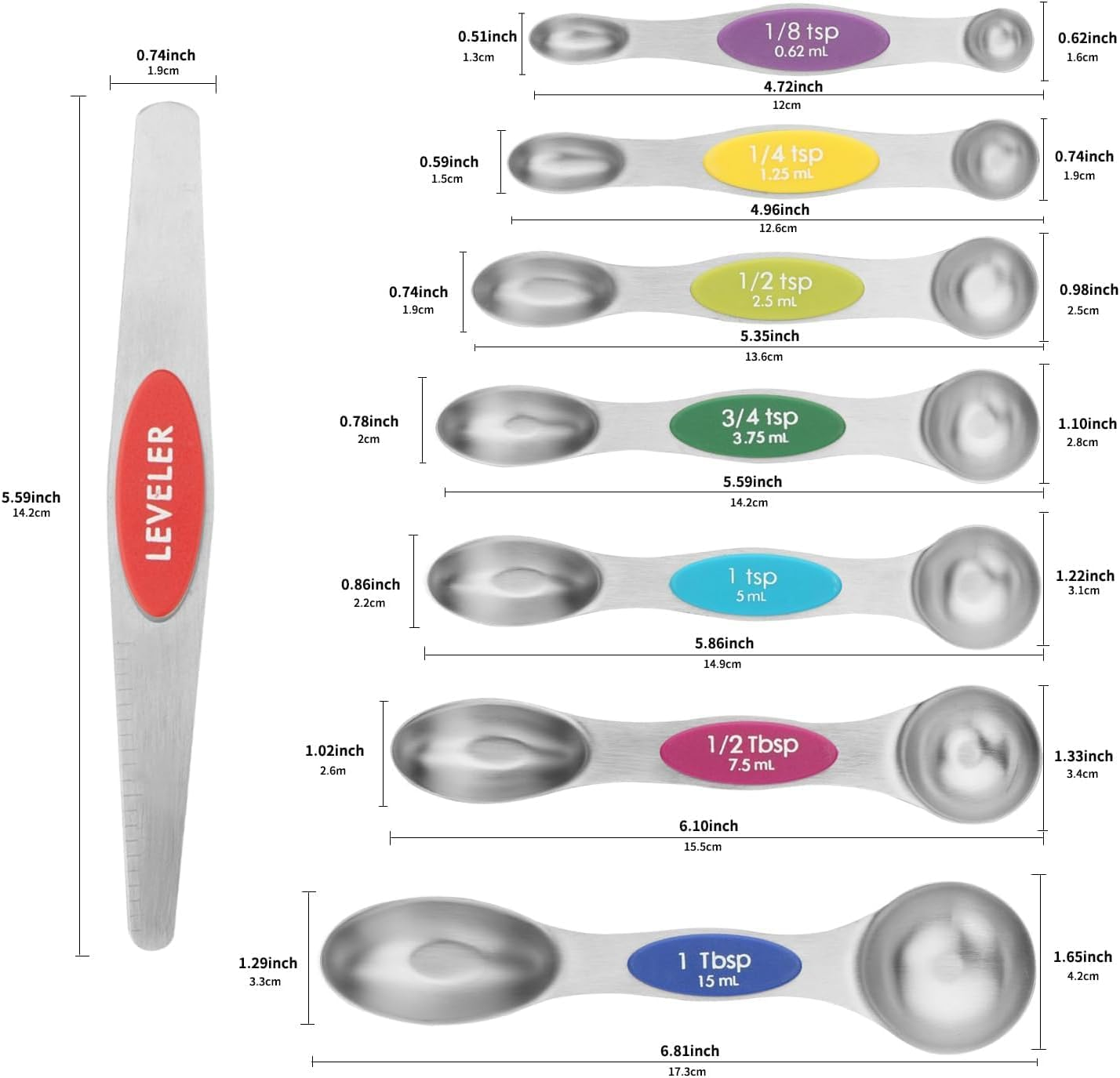 HEXPAN Stainless Steel Magnetic Measuring Spoons Set with Strong N45 Magnets, Heavy Duty Metal Kitchen Gadgets for Baking & Cooking, Fits in Most Kitchen Spice Jars, Set of 8 with Leveler (Color) - Black image number 4