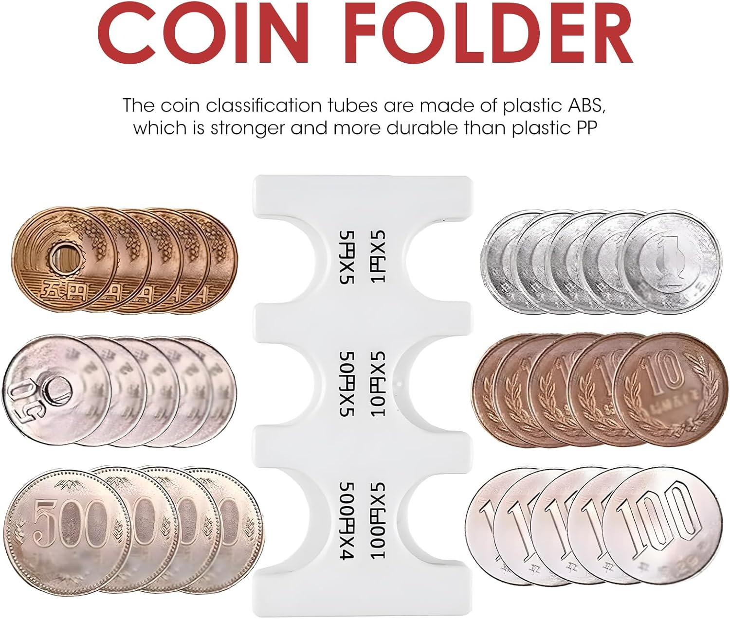 4 Pcs Japanese Yen Coin Holder, Hard Case Organizer with 6 Individual Slots, Portable JPY Coin Storage and Dispenser for Travel Shopping, Holds 1/5/10/50/100/500 Yen Coins (Black, Red, White, Clear)