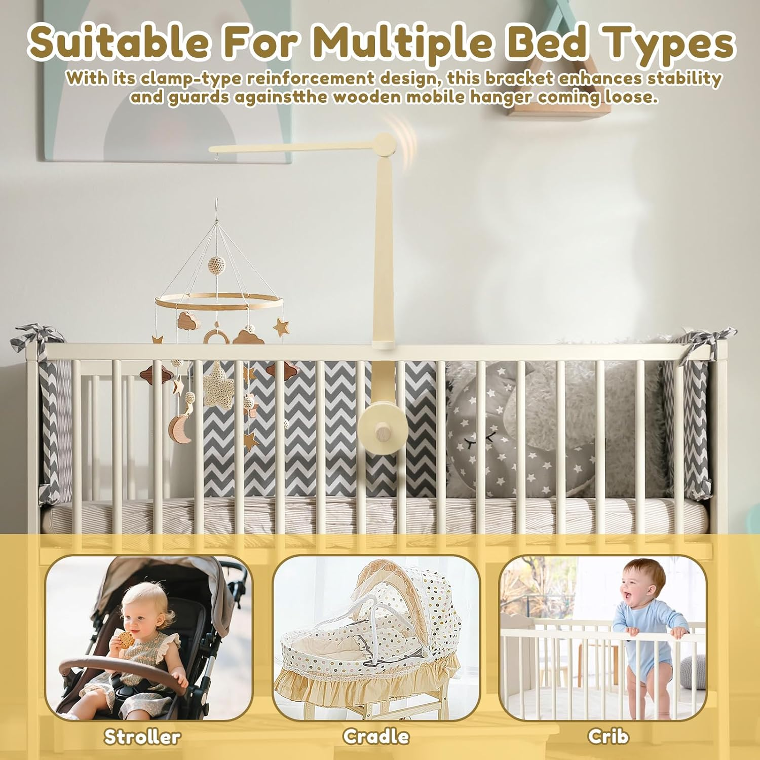 2-Height Adjustable Crib Mobile Arm, Natural Wood Hanger for Baby Bed Musical Toys, Fits Most Standard Baby Cribs & Cots image number 6