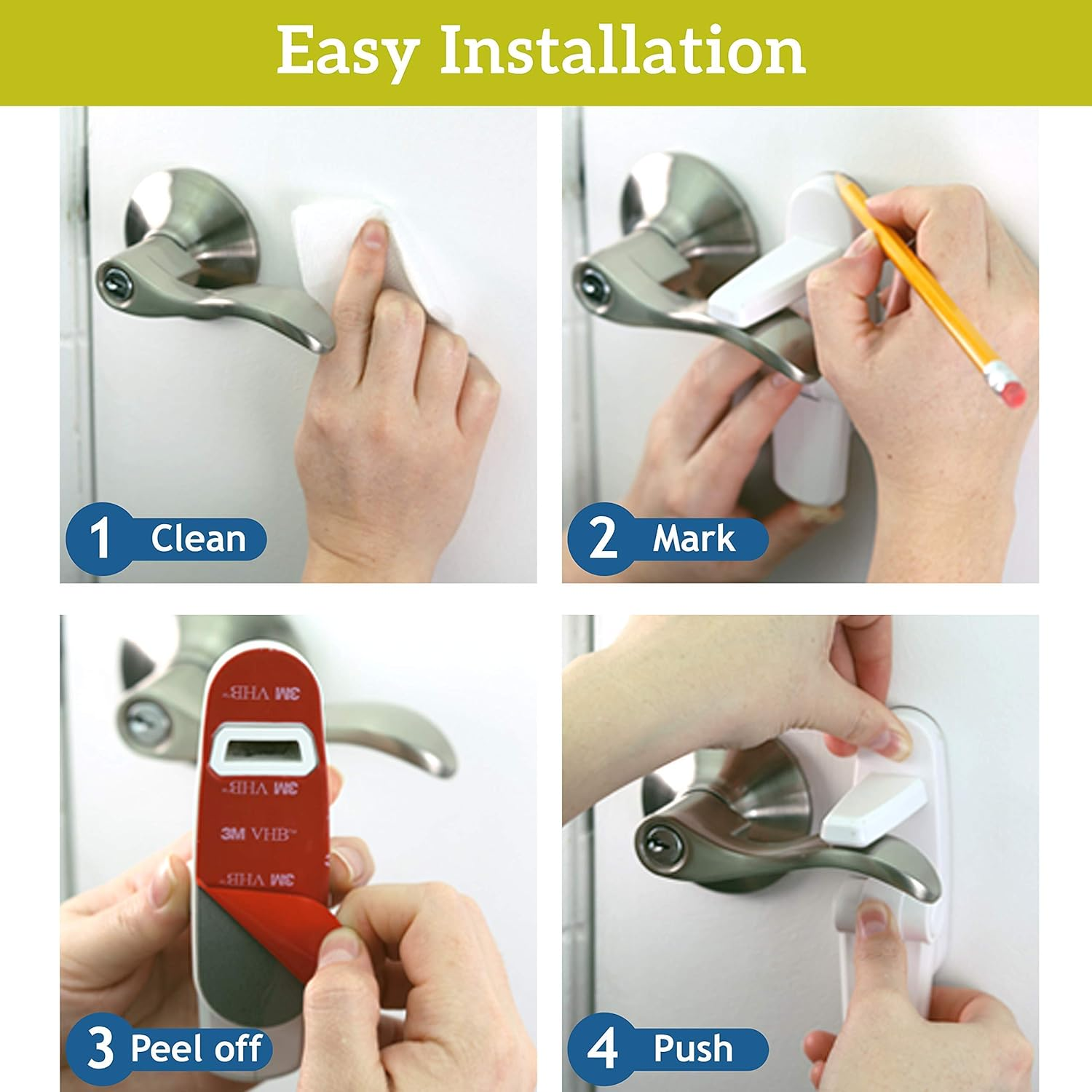 Improved Childproof Door Lever Lock 4-Pack Prevents Toddlers from Opening Doors. Easy One Hand Operation for Adults. Durable ABS with 3M Adhesive Backing. Simple Install, No Tools Needed (White, 4) image number 6