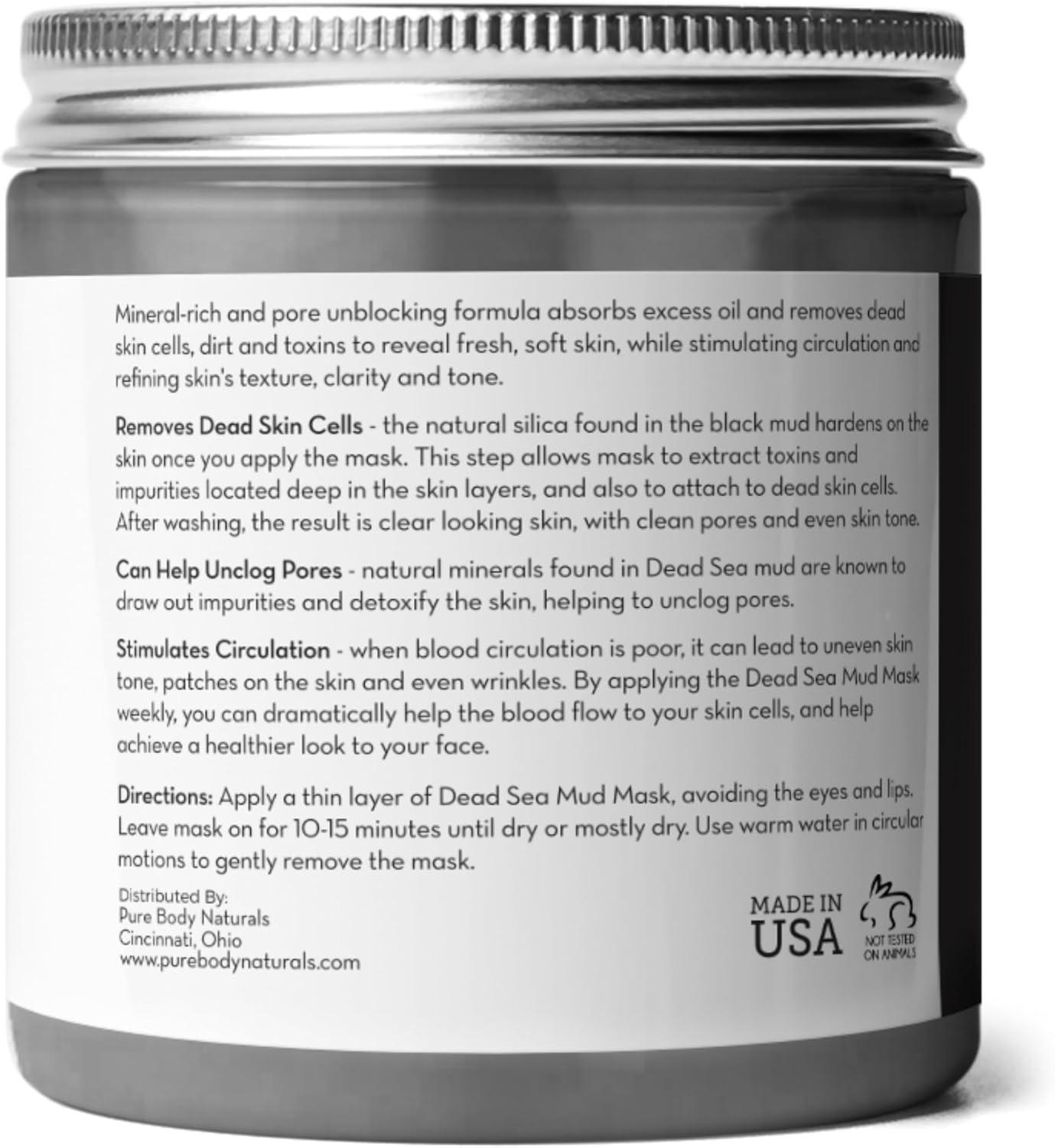 Pure Body Naturals Dead Sea Mud Mask - Face Mask and Body Mud for Acne, Blackheads, and Oily Skin - Facial Self Care for Men and Women - Minimize Pores with Deadsea Mud, Clay, Charcoal - 8.8 Ounce image number 1