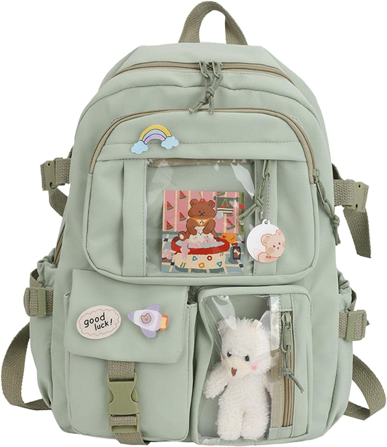 Backpack with Cute Pin & Plush Bear Accessories, Cute School Backpack Pastel Aesthetic Backpack for Girls