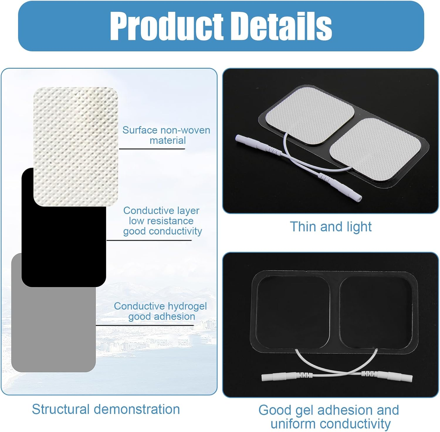 10 Pcs TENS Unit Replacement Pads, Reusable Self-Adhesive Electrode Gel Pads for TENS Machine, Muscle Stimulator & Nerve Massage Therapy, 5X5 Cm with 2Mm Pin, White (Non-Woven Fabric, White) image number 2