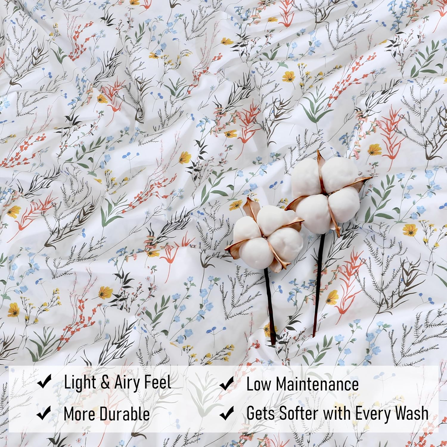 RUVANTI 100% Cotton King Size Sheets Set, 4 Pieces, Soft & Breathable Percale Weave Bedding, Deep Pocket 16", Hotel Standard, Crisp Cool Feel, Durable, Perfect Floral Bed Sheet, Aroma image number 4