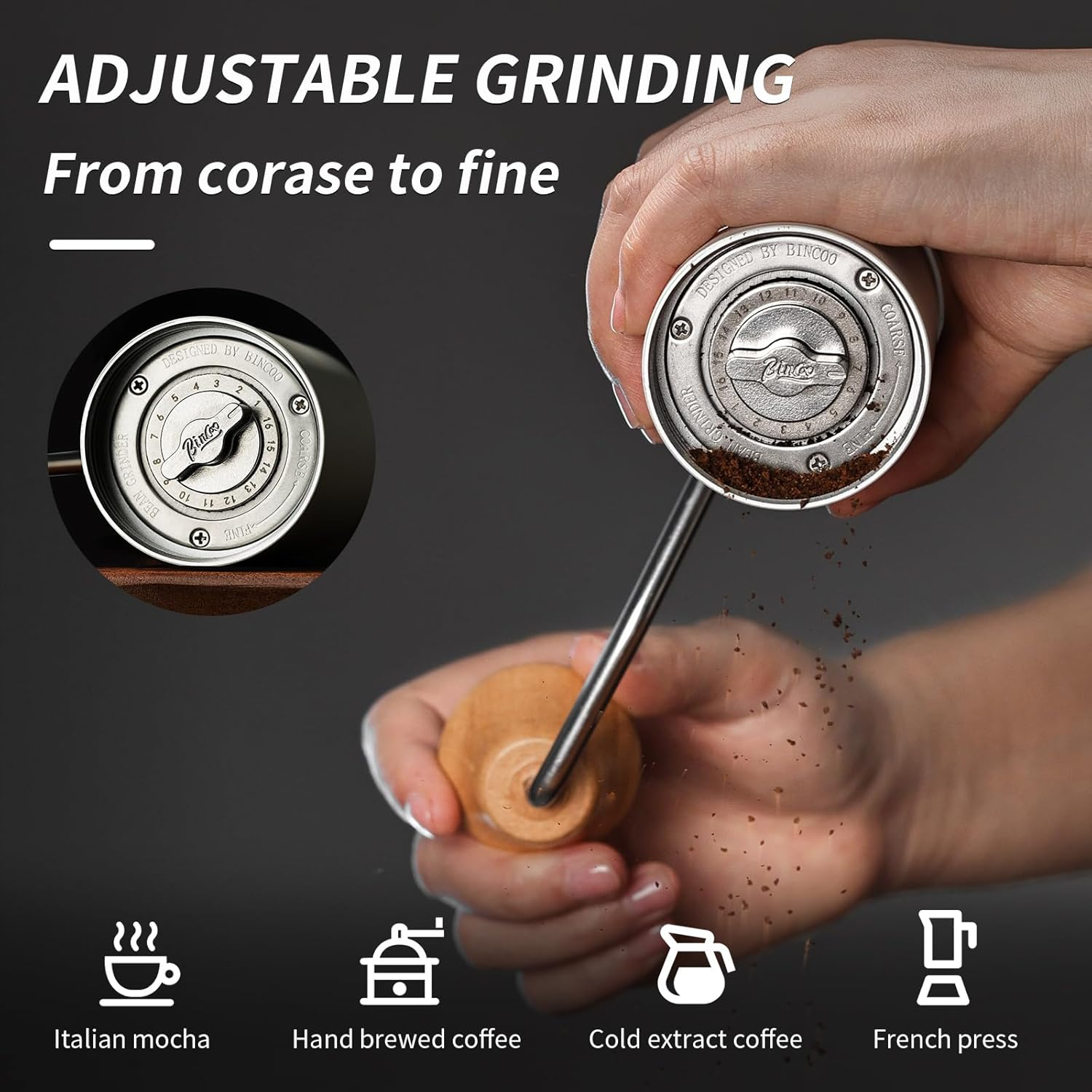 Portable Manual Coffee Bean Grinder - Stainless Steel Conical Burr Hand Coffee Grinder with Adjustable Setting,Double Bearing Hand Espresso Grinder (White) - Silver image number 6