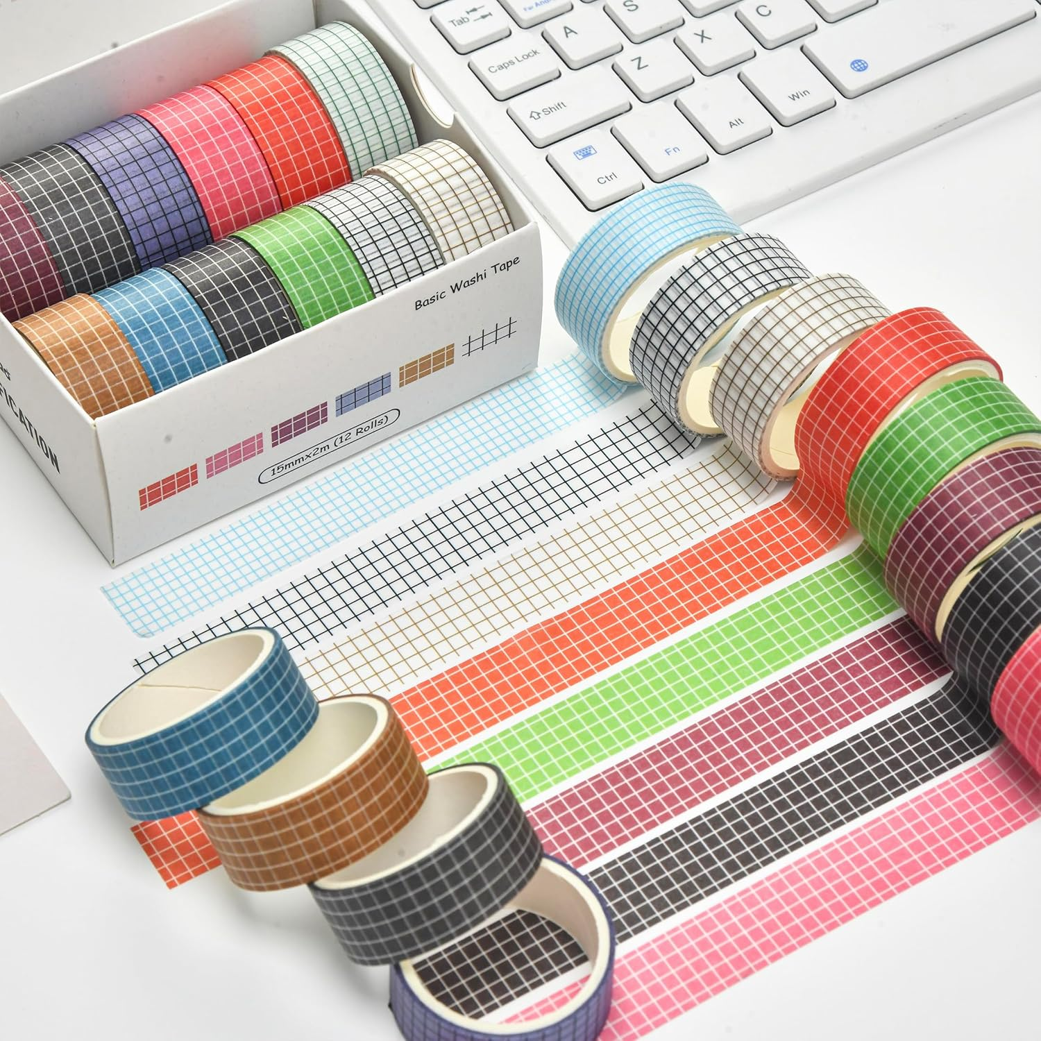 Songdao 12 Rolls Grid Washi Tape Set Plaid Arts Adhesive Tapes Basic Patterns Decorative Masking Tape Sets for Craft, Kids, Scrapbook, DIY, Gift Wrapping (Style One) image number 3