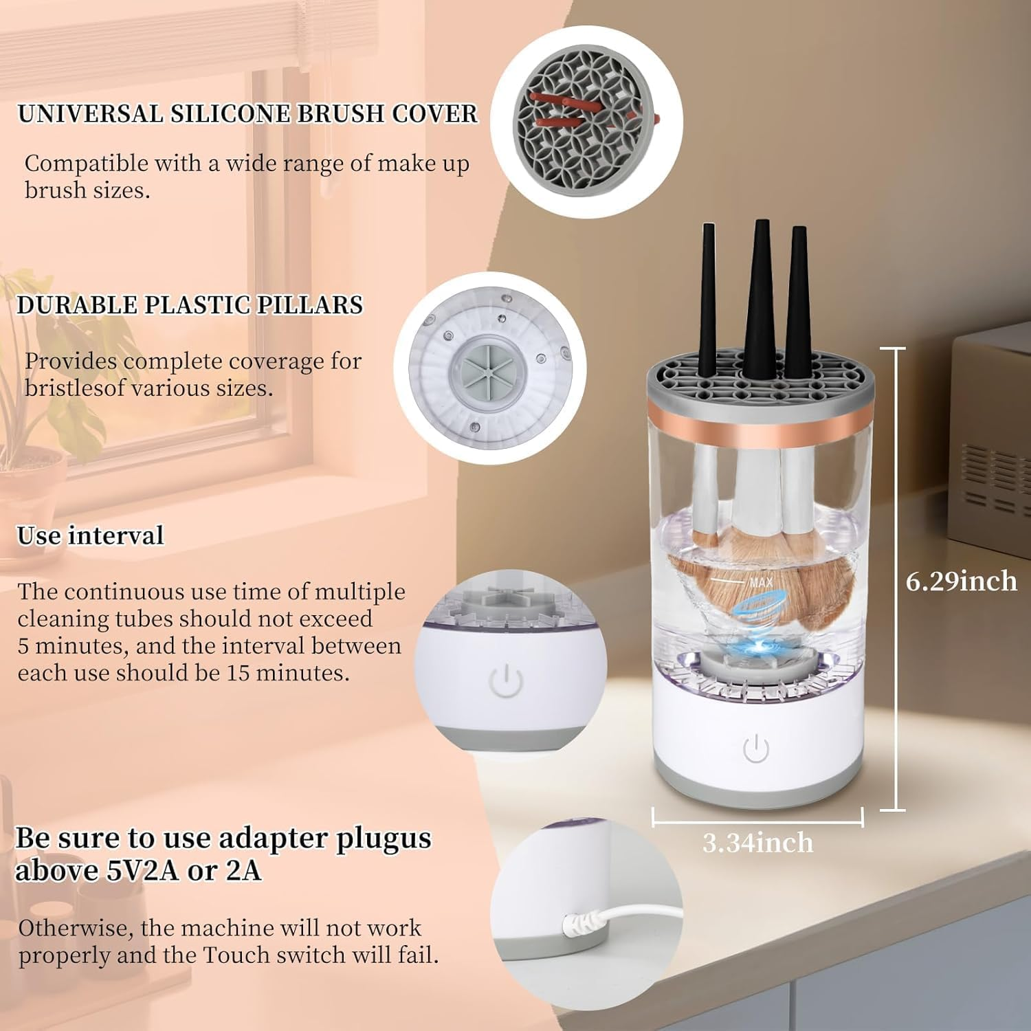 Makeup Brush Cleaner Machine, Automatic Cosmetic Brush Cleaner Makeup Brush with Brush Clean Mat，Electric Makeup Brush Cleaner Tools for All Size Makeup Brush image number 6
