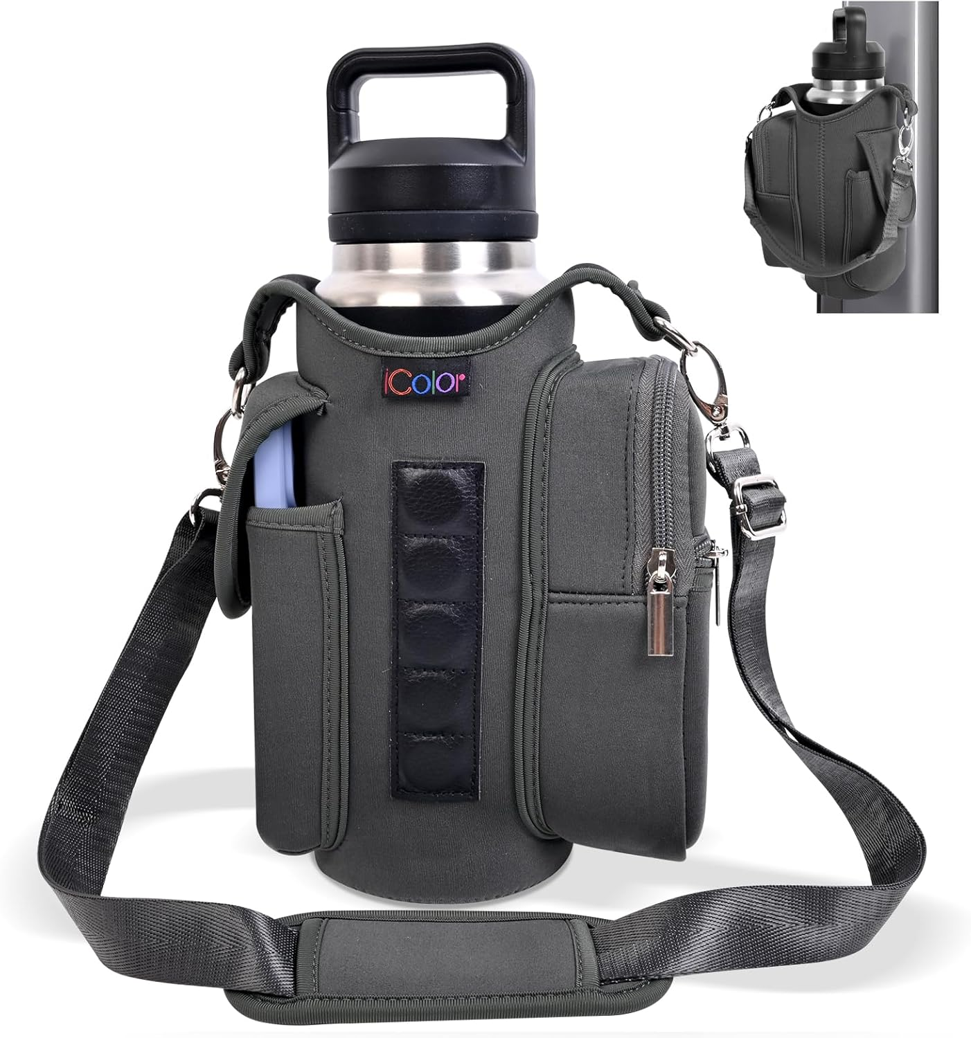 Icolor Magnetic Gym Bag Water Bottle Carrier Holder with Phone Pockets & Shoulder Strap,Gym Magnetic Bag 5 Built-In Magnets Gym Accessories Organizer Bottle Pouch Sleeve