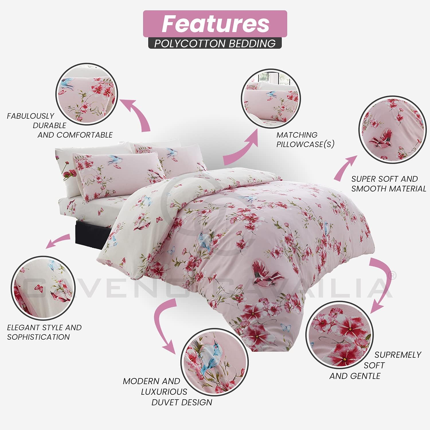 GC GAVENO CAVAILIA Single Duvet Cover Set | Flower Bedding & Linen Polycotton | Pink image number 7