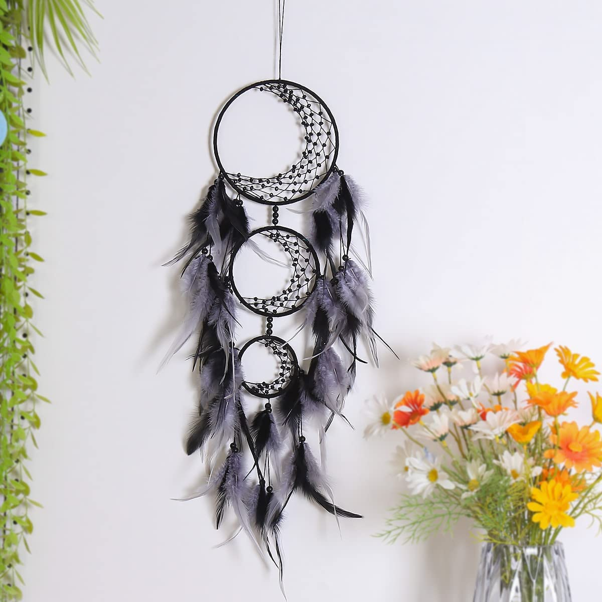 Zingtsing 3 Rings Moon Dream Catcher Hanging Decor Dreamcatcher Wall Hanging Feather Ornaments for Living Room Decor (Black/Grey) image number 2