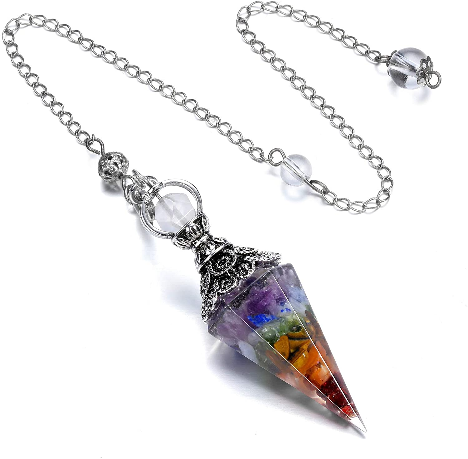 GEHECRST Natural Aquamarine Healing Crystal Dowsing Pendulum Reiki Gemstone Chips Orgone 6 Faceted Hexagonal Pointed Cone Resin Spiritual Pendant for Divination, Wicca, Energy Balancing (AKUS9022)