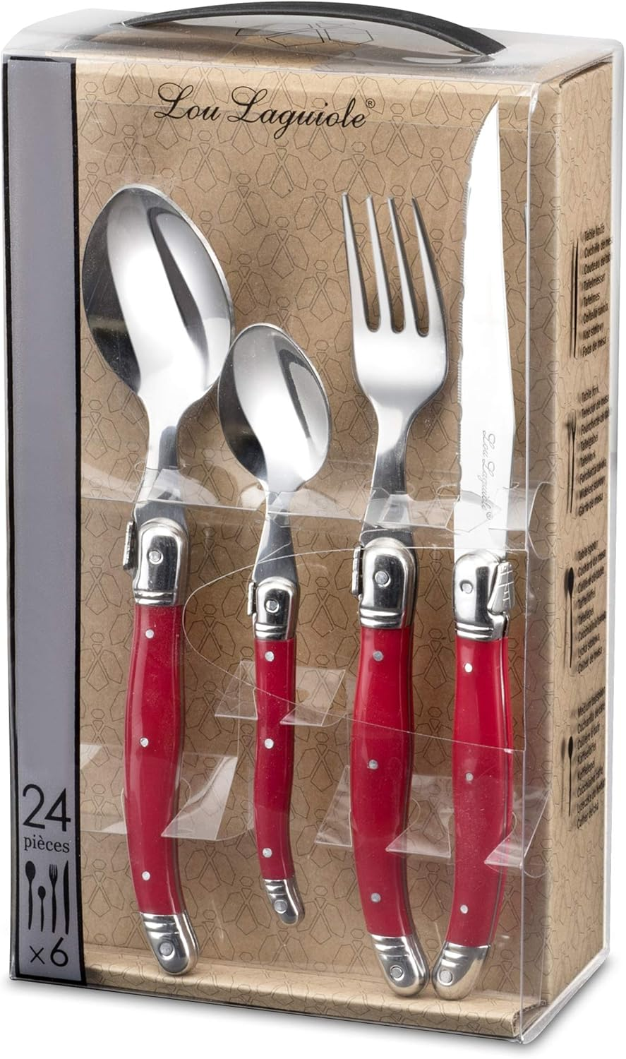 Lou LAGUIOLE Tradition Steak Knife Cutlery Set 24 Pieces | Steak Cutlery with Tradition and Style | Handles in Red | Serrated Knife | Barbecue Cutlery Set | Sharp Knives | Cutlery Set for 6 People - Red image number 6