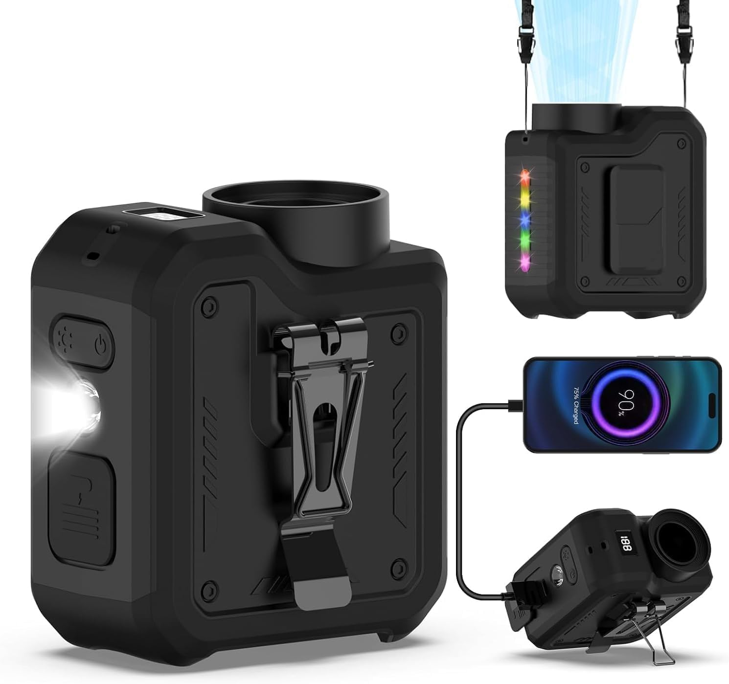 10000Mah Waist Clip Turbo Fan, 40H Cooling, 4 Speeds 16000RPM Rechargeable Wearable Fan with LED Power Display, Flashlight, Power Bank Hands-Free Neck Fan for Outdoor Jobsite Camping Travel image number 1