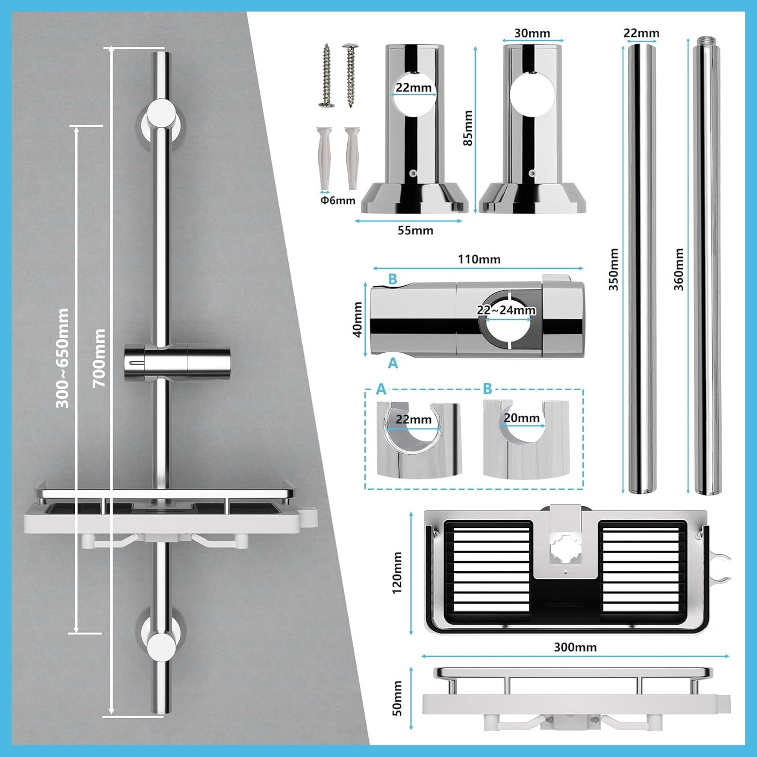 G&ouml;rbach 70Cm Stainless Steel Shower Bar with Shower Head Holder, Wall Bar Adjustable with Shower Shelf to Fit Existing Holes - Chrome image number 5