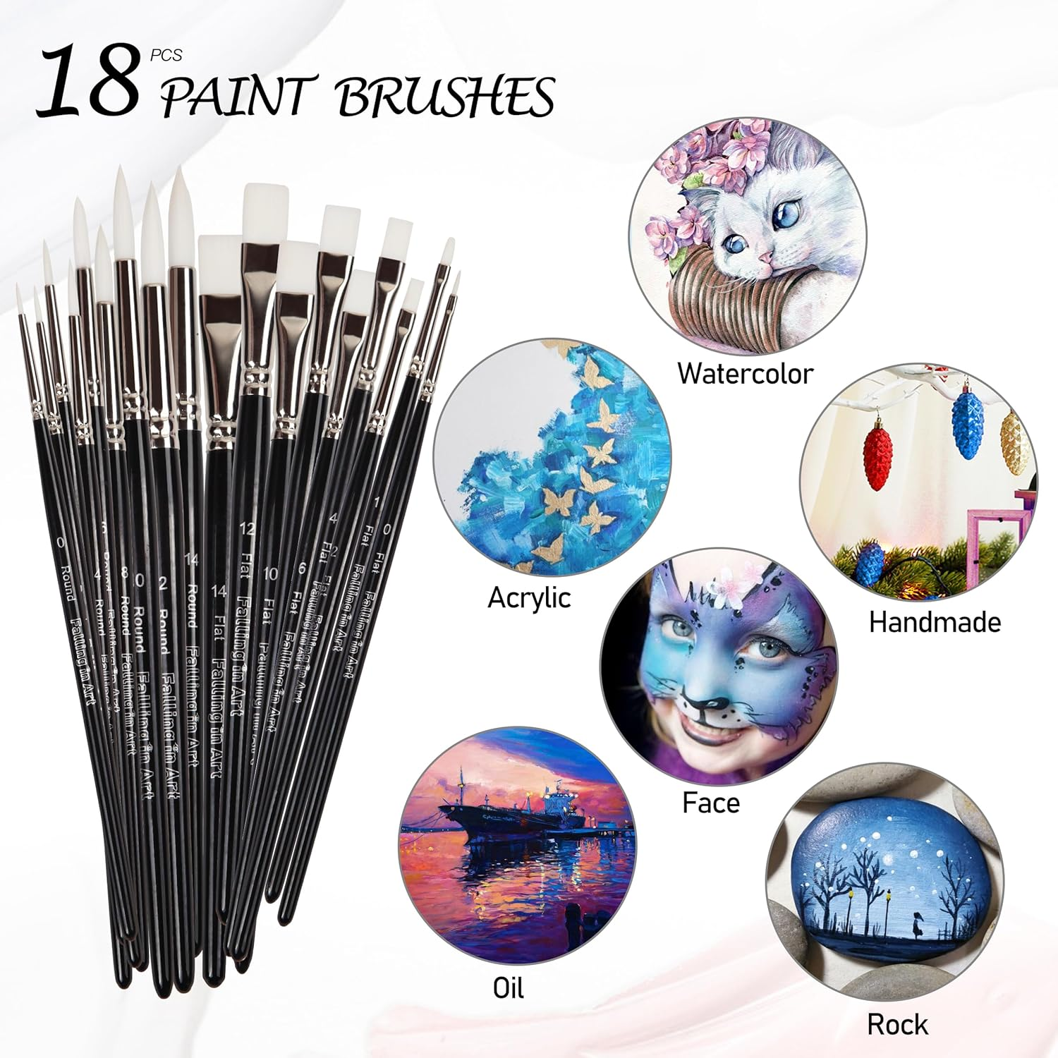 Falling in Art White Nylon Paint Brushes Set of 18 PCS for Acrylic, Oil, Watercolor Painting image number 4