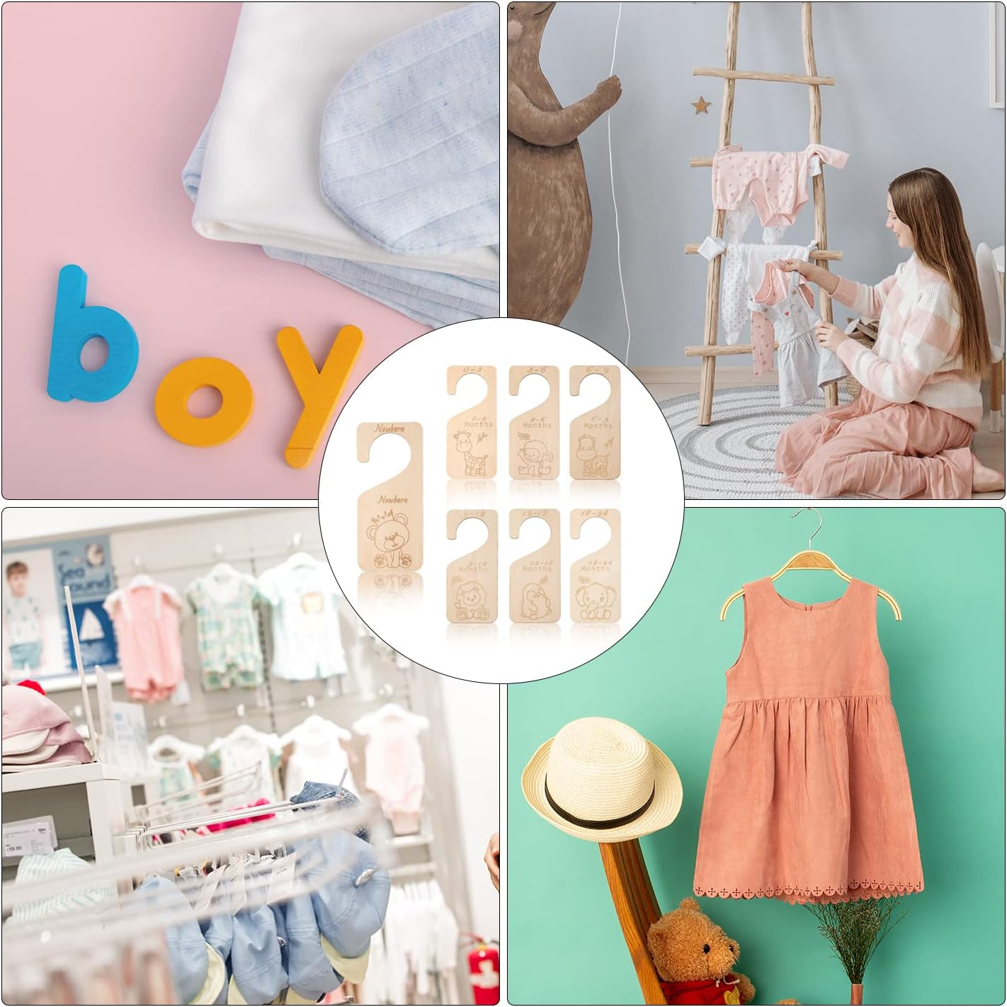 SAVITA Wooden Baby Clothes Dividers, 7Pcs Wood Closet Dividers Month Baby Closet Organizer from Newborn to 24 Months, Nursery Hanger Decor for Boys Girls Infant Wardrobe (Animal)