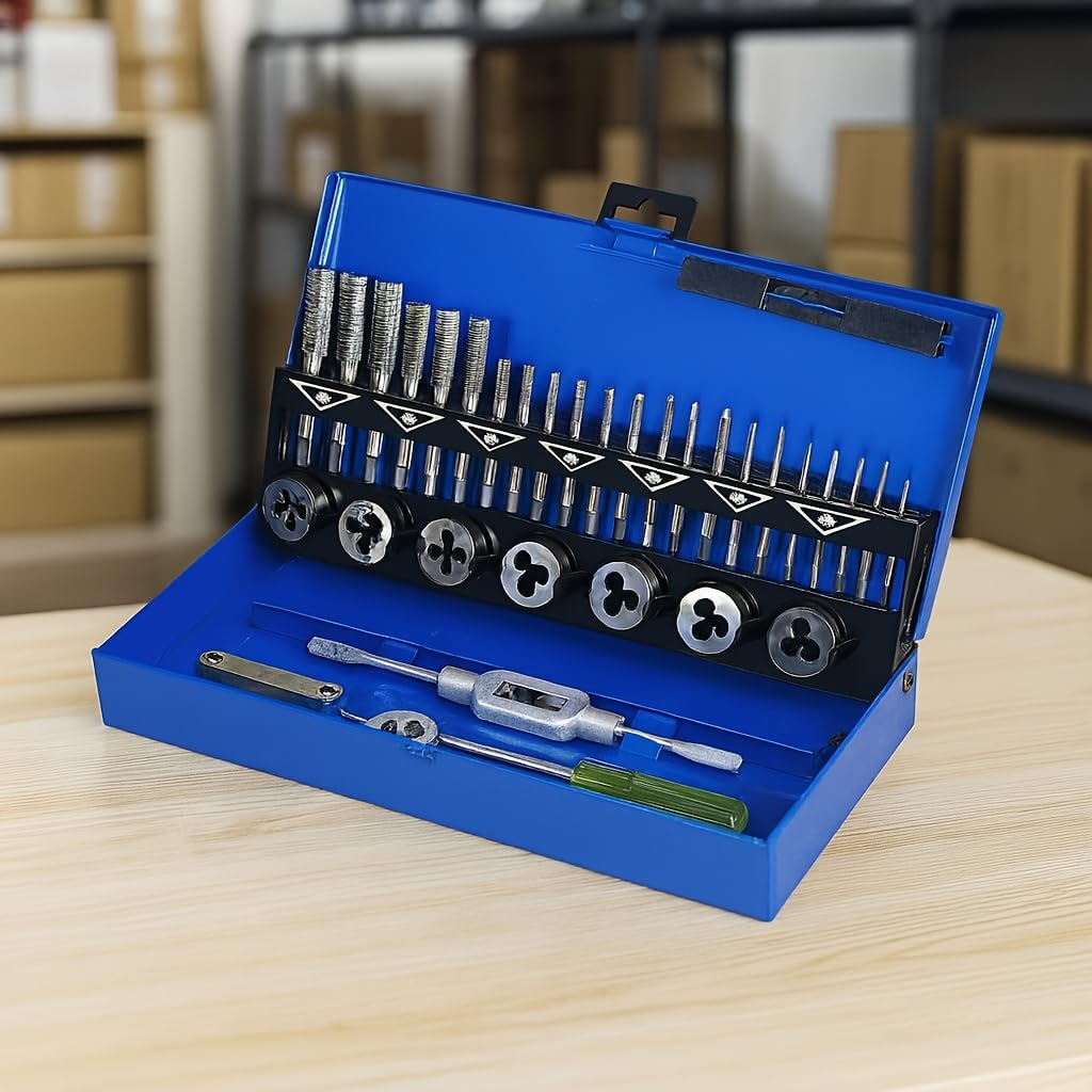 Tap and Die 32Pcs Set VS24-2 Metric Threading Tool Kit with Metal Storage Case for Cutting External and Internal Threads in Steel Includes Taps Dies Wrenches Screw Pitch Gauge and Screwdrivers image number 5