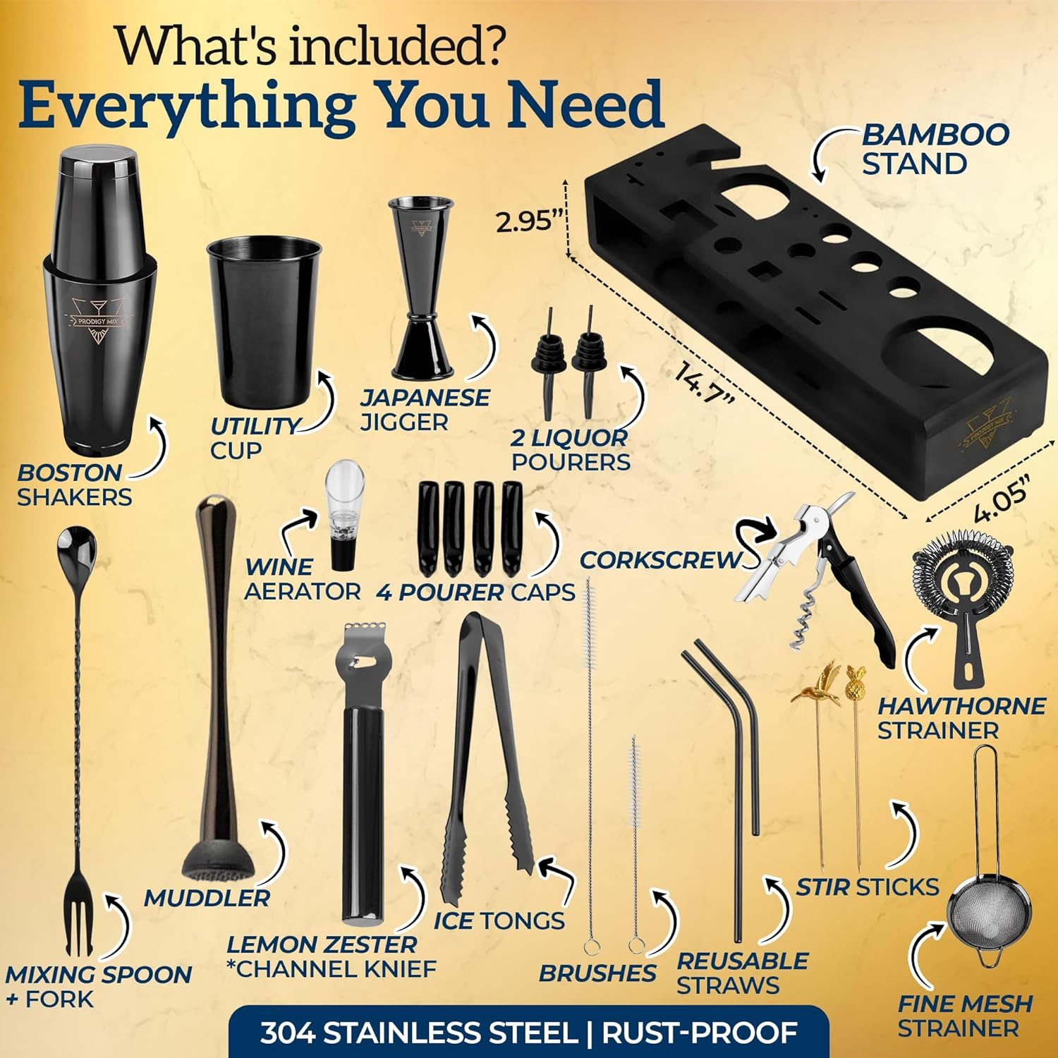 Prodigy Mix the Complete Mixology Bartender Kit 20-Piece Boston Cocktail Shaker Set - Premium Bar Accessories & Tools Set, Bonus Velvet Bag Recipe Cards, Stainless Steel Drink Mixer (Gunmetal-Black) image number 5