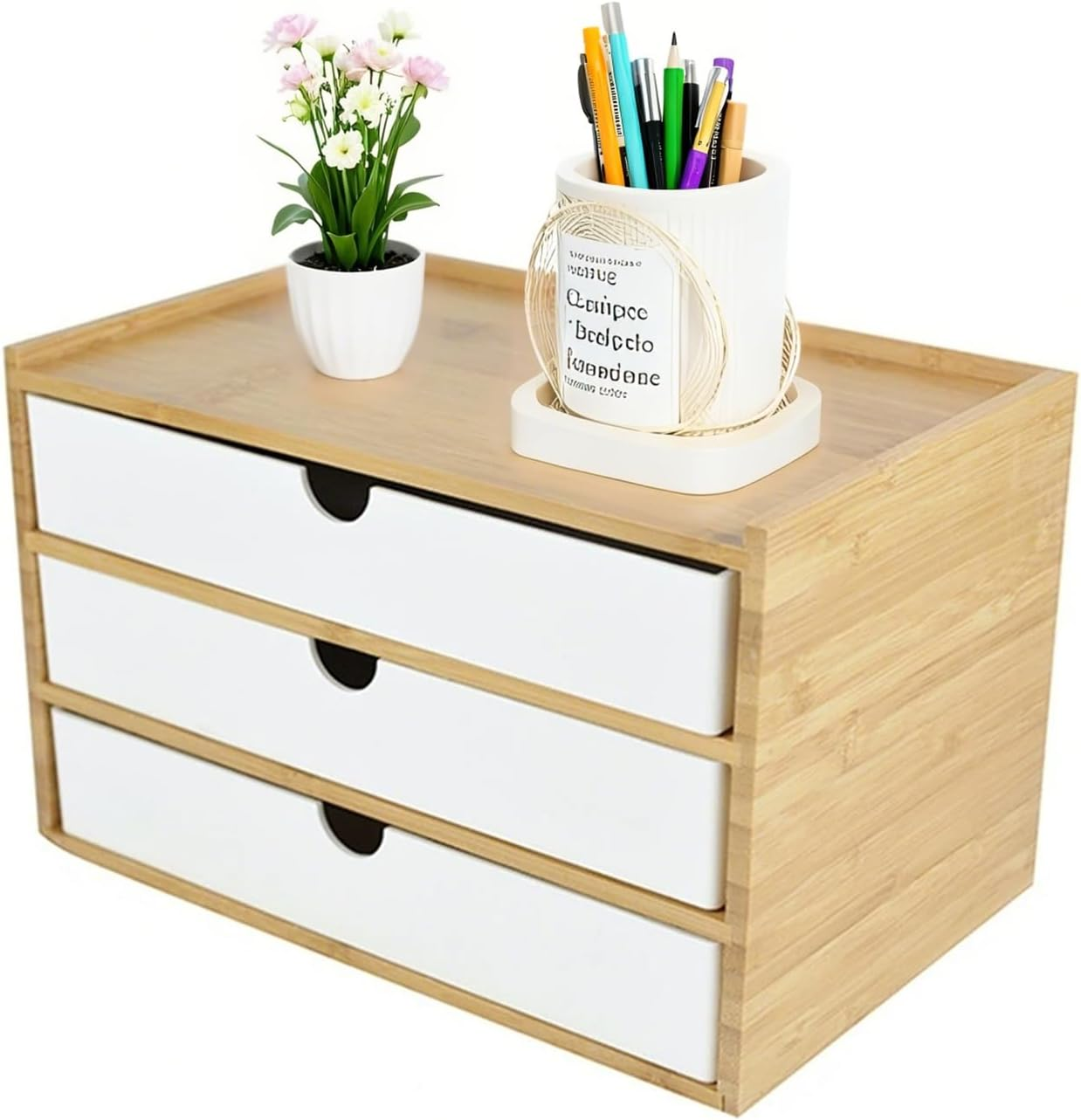 Office Desk Organizer with Drawers - Bamboo Desktop Organizer Storage,White Desk Drawers Organizer Desk Accessories No Assembly Required