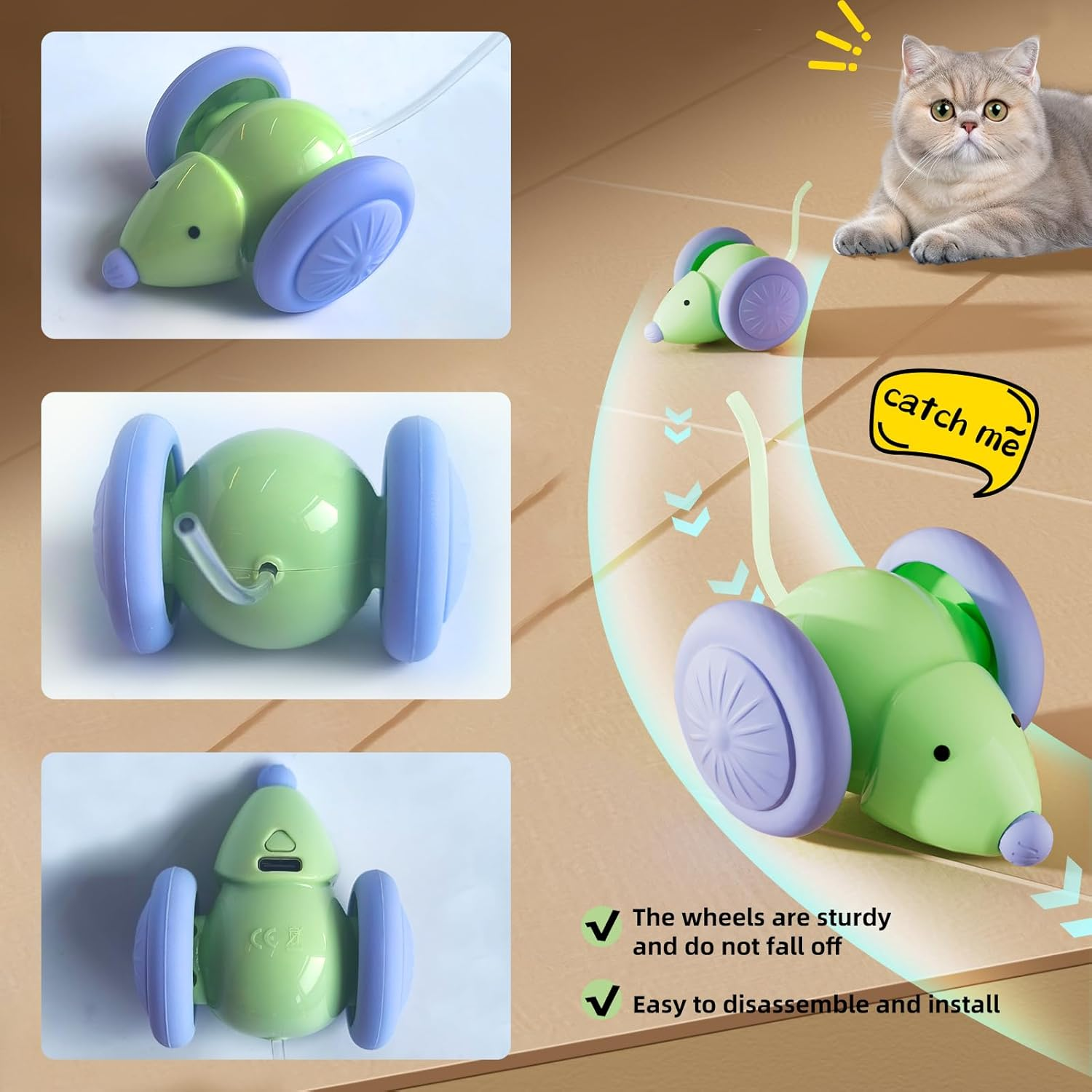 Sobirdos Smart Electric Cat Toy, Cat Toys for Indoor Cats,Interactive Mouse Toy, Kitten Toys,Interactive Cat Toy, Automatic Cat Toy,Silent Cat Toy with LED Lights,Auto On/Off,Usb Rechargeable(Green) image number 3