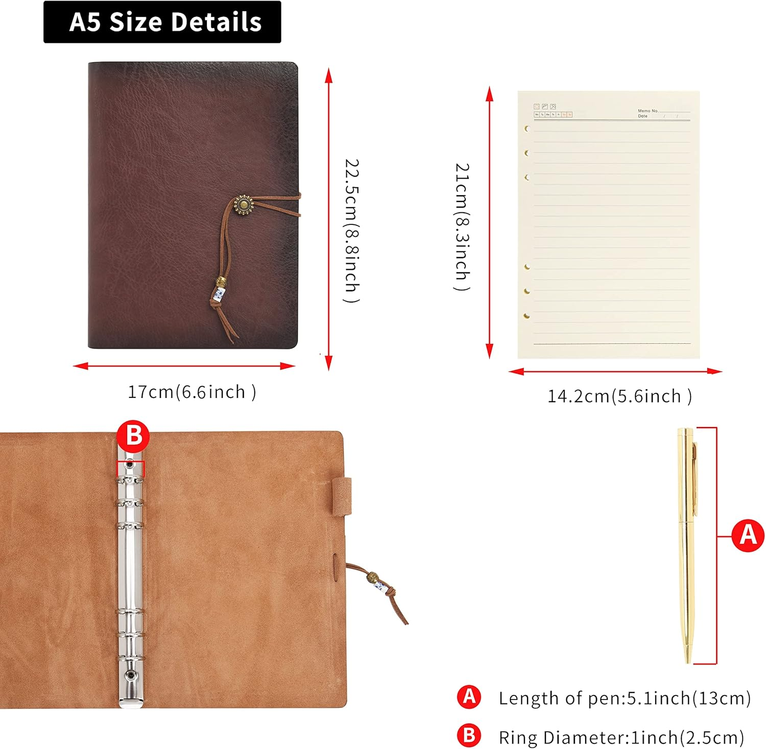 Wonderpool Leather Journal Lined Paper Notebook with Pen - Refillable Binder Writing Spiral Diary with Business Notepads & Vintage Leather Cover for Office Plan Travel Work and Agenda (A5, Red Brown)