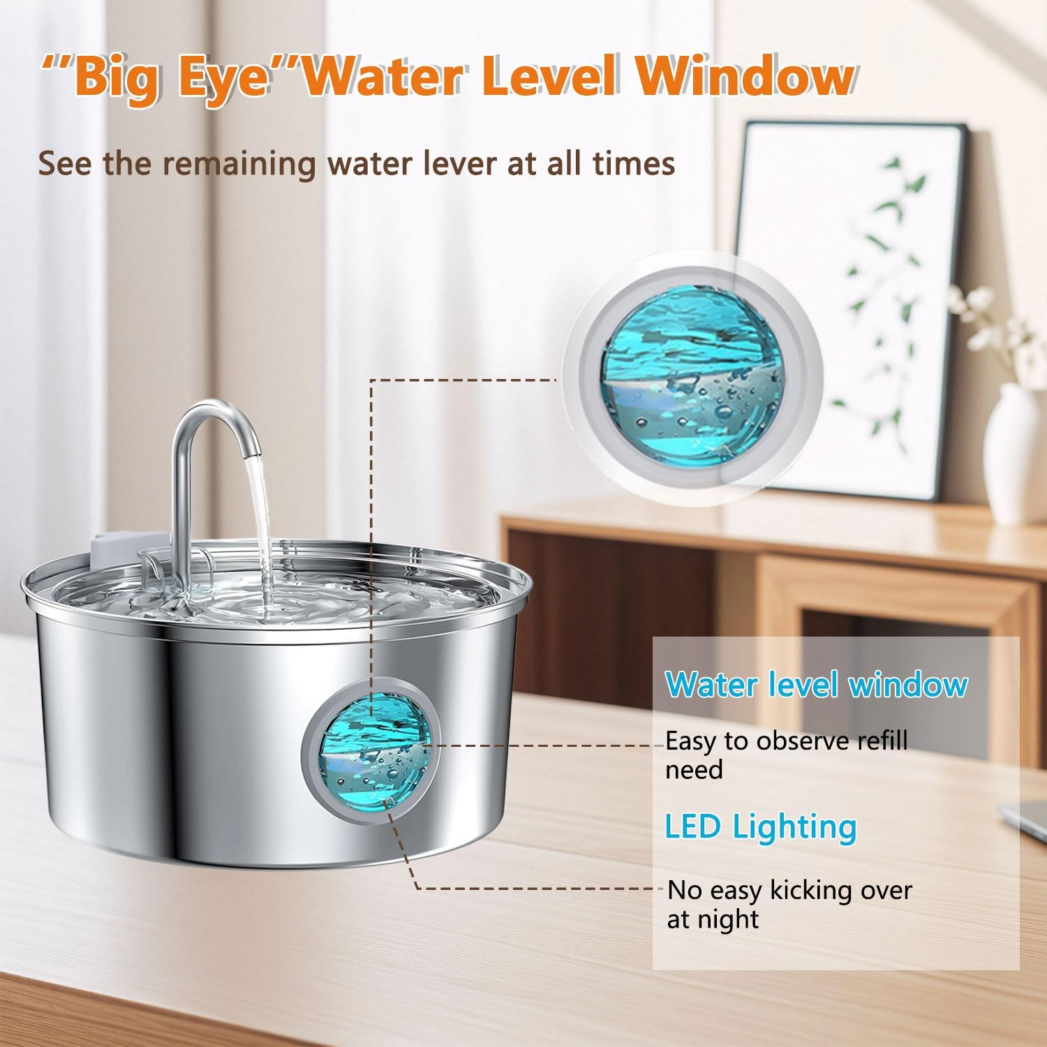 Bemuiz Cat Water Fountain：3.2L Automatic Stainless Steel Pet Water Fountain for Cats Indoor- Water Dispenser Bowl for Dogs Drinking with Quiet Pump and LED Light Water Level Window image number 6