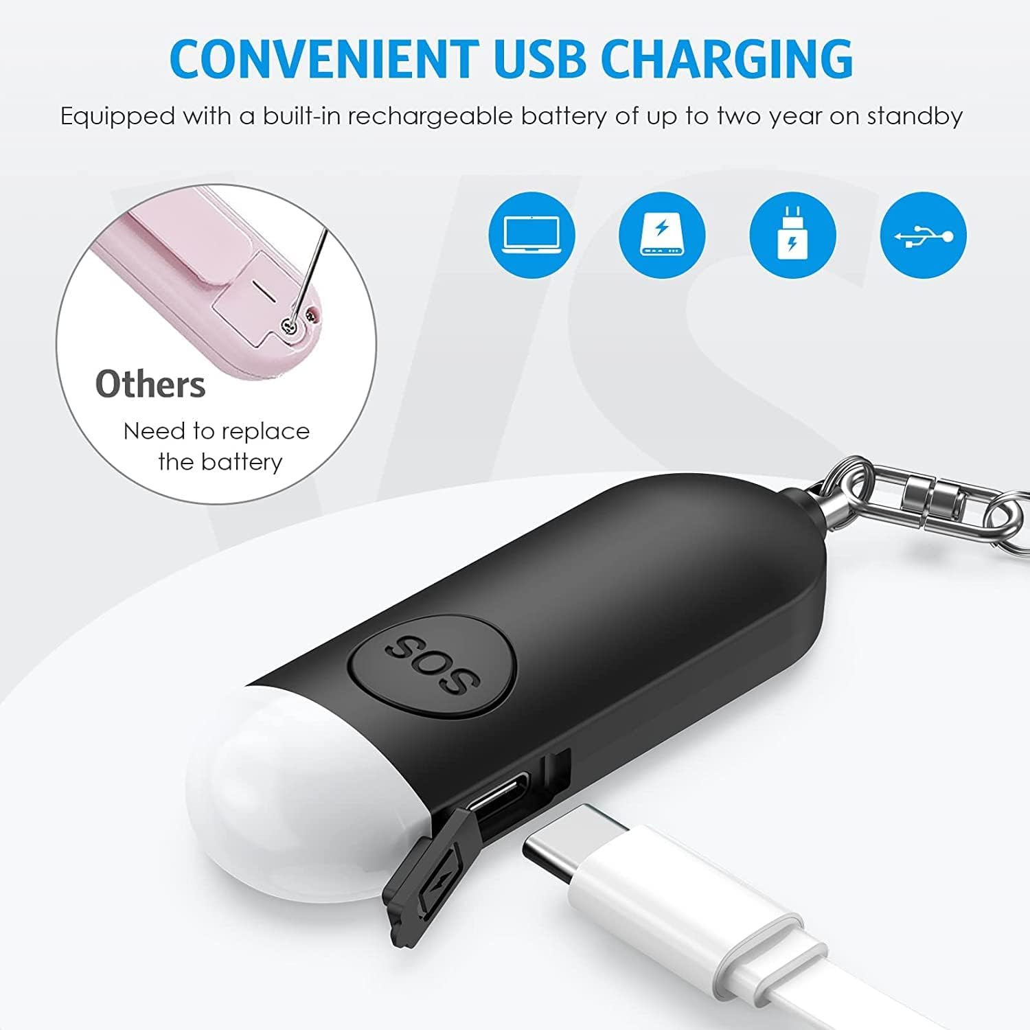 AMIR Personal Alarm for Women Elderly, 130Db Loud Personal Alarm Police Approved with LED Flashlight, Rechargeable Small Personal Panic & Rape Alarm Keyring for Students, Girls, Kids (Black) - 1, Black image number 1