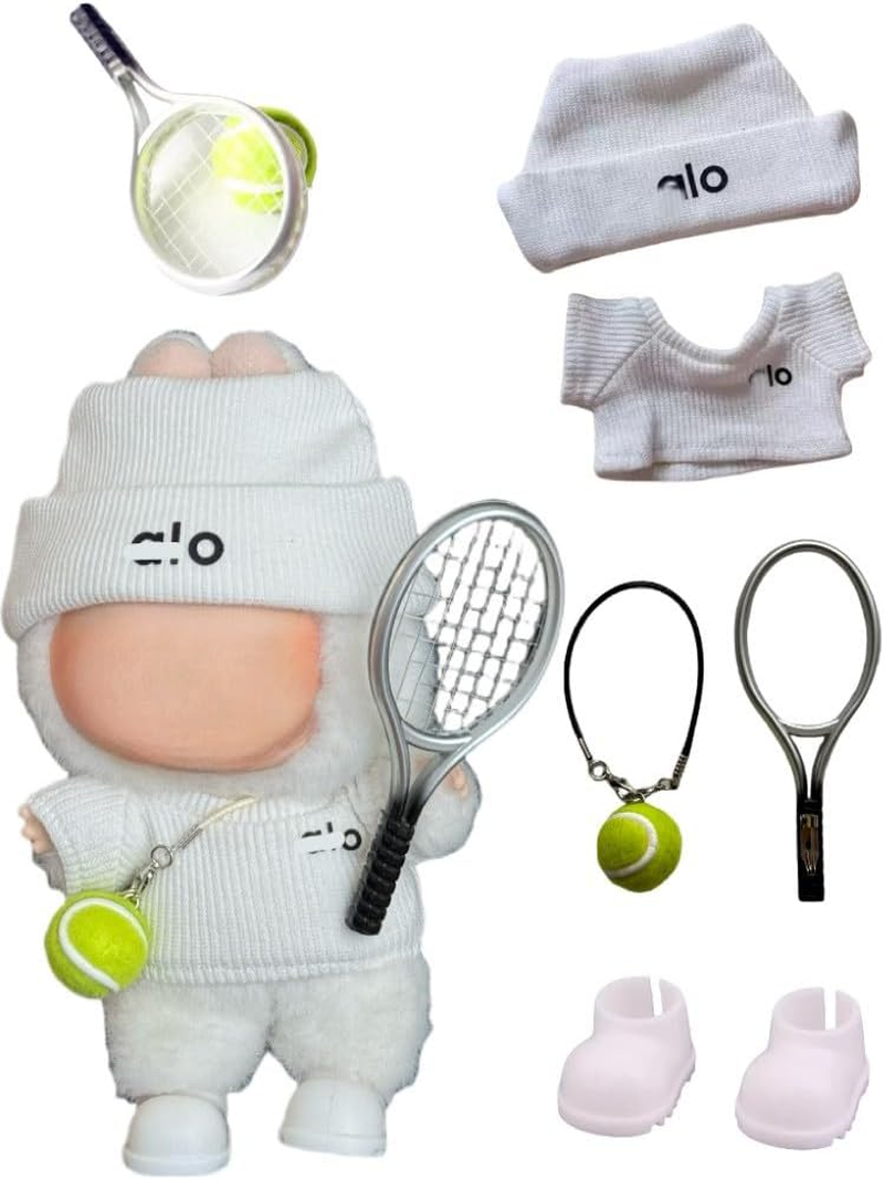 17 Cm Doll Clothes，Clothing Accessories Compatible with 5.91-6.7 Inch Dolls，Sports Style Doll Set Outfits (5-Piece Set), Includes Top + Pants + Tennis Racket + Ball Charm + Shoes (White)