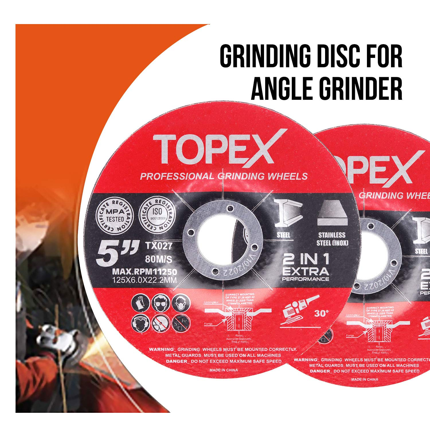 TOPEX 25PCS 125X 6.0 X 22.23Mm Grinding Discs Wheels Steel Inbox Angle Grinder image number 5