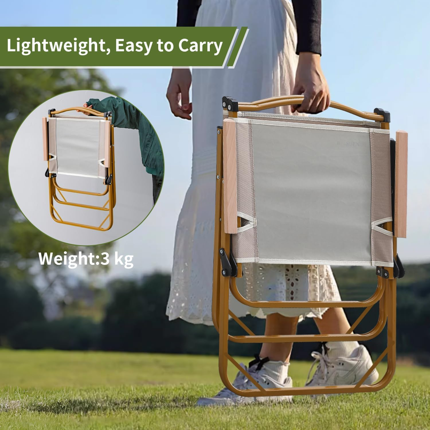 Folding Camping Chair, Lightweight, Portable & Sturdy with Wooden Armrests - Durable Outdoor Chair Camp Seat for Adults, Beach, Picnic, and Patio