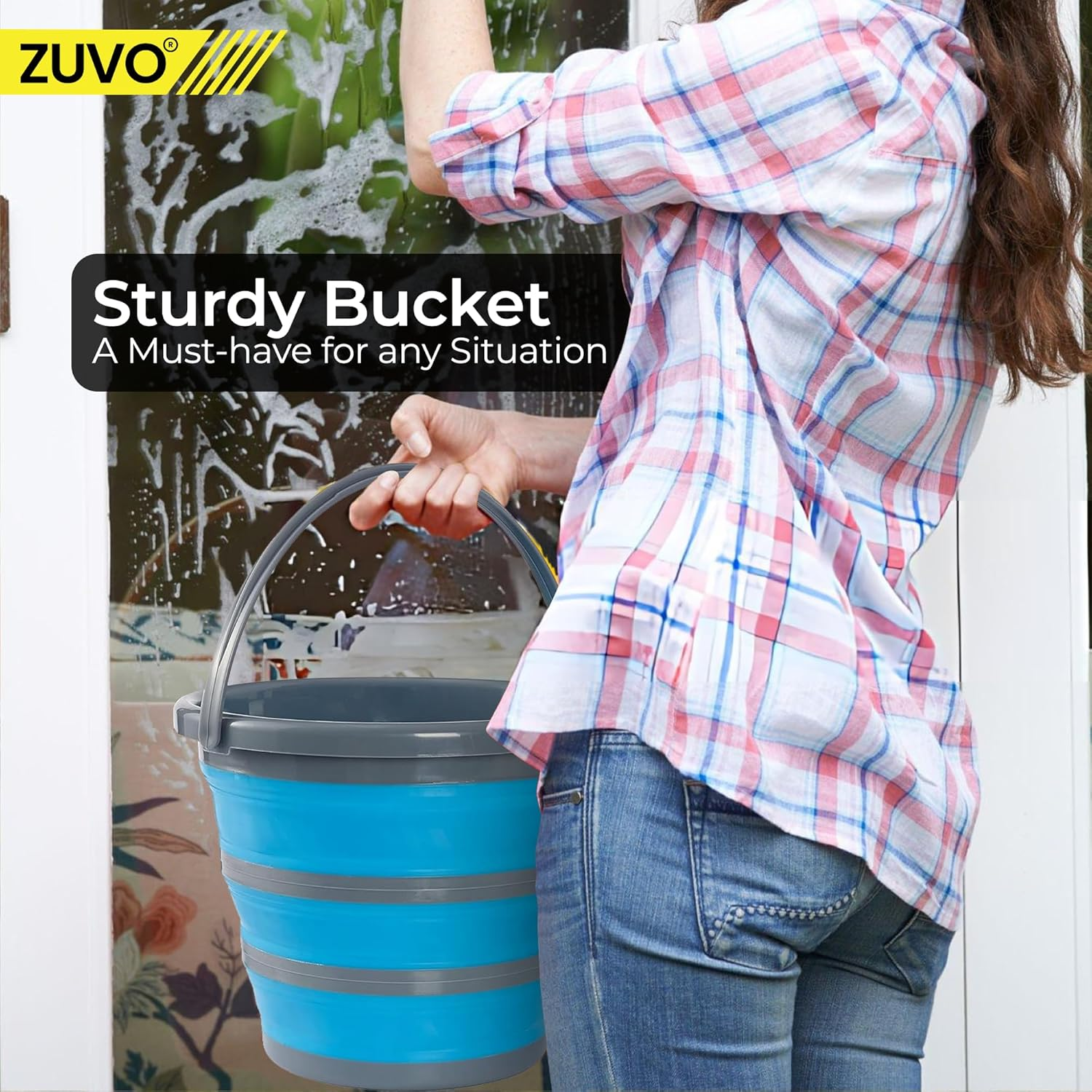 Zuvo Collapsible Bucket 10L, Silicone Folding Bucket, round Blue/Grey Mop Bucket for Cleaning Tools, Ideal for Travelling & Fishing, Space-Saving Design image number 4