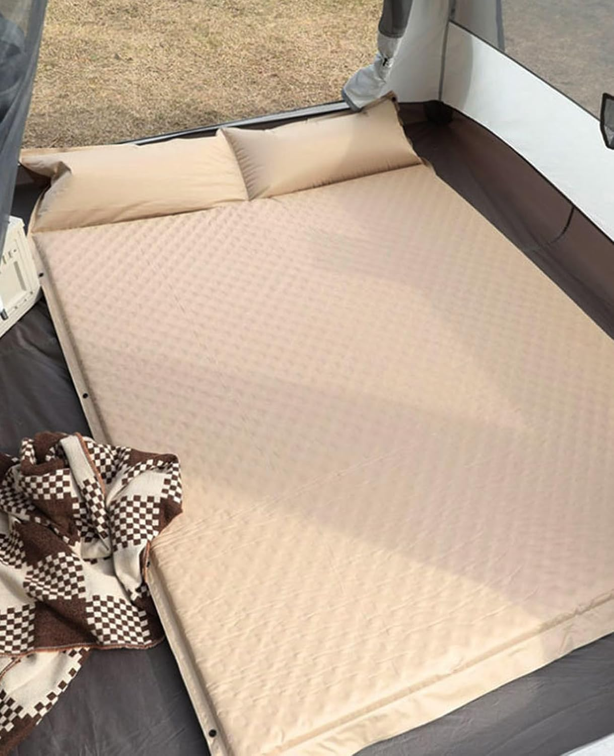 Double Sleeping Pad for Camping, 5CM Ultra-Thick Self Inflating Camping Pad with Pillow, Lightweight Camping Mattress Pad, Built-In Foot Pump, Portable Sleeping Mat for Hiking, Backpacking (Khaki) image number 4
