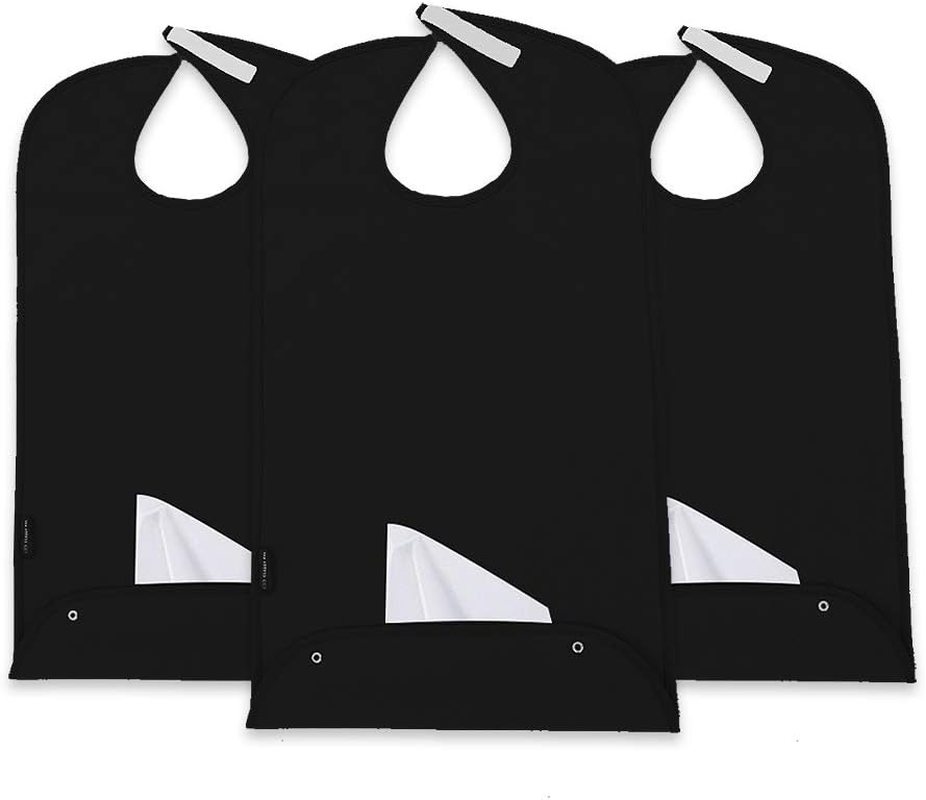Adult Bibs for Women and Men | Senior Citizens Clothing Protector for Eating, Crafting, Cooking | Adults Bib Reusable and Washable (Black X 3Pk)