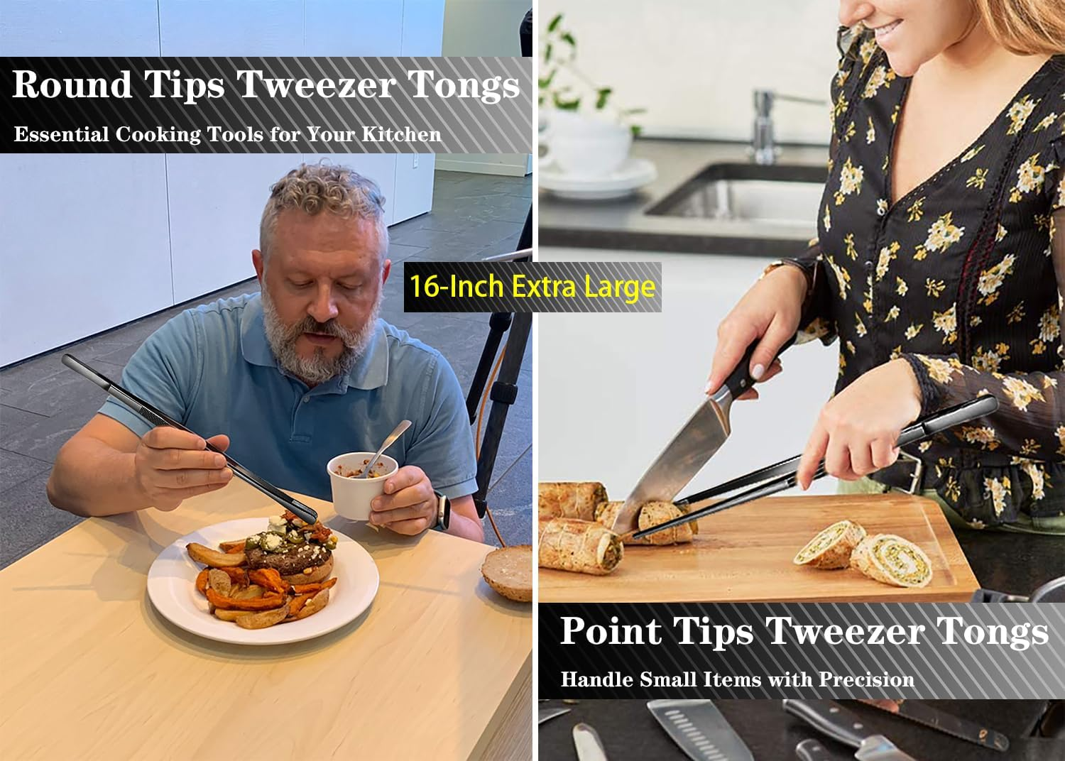 JETKONG 2 Pcs 16-Inch Kitchen Tweezers Tongs with Precision Serrated Tips, Stainless Steel Chef Tweezer Professional Cooking Tweezers for BBQ, Plating and Serving (16-Inch, Black) image number 1