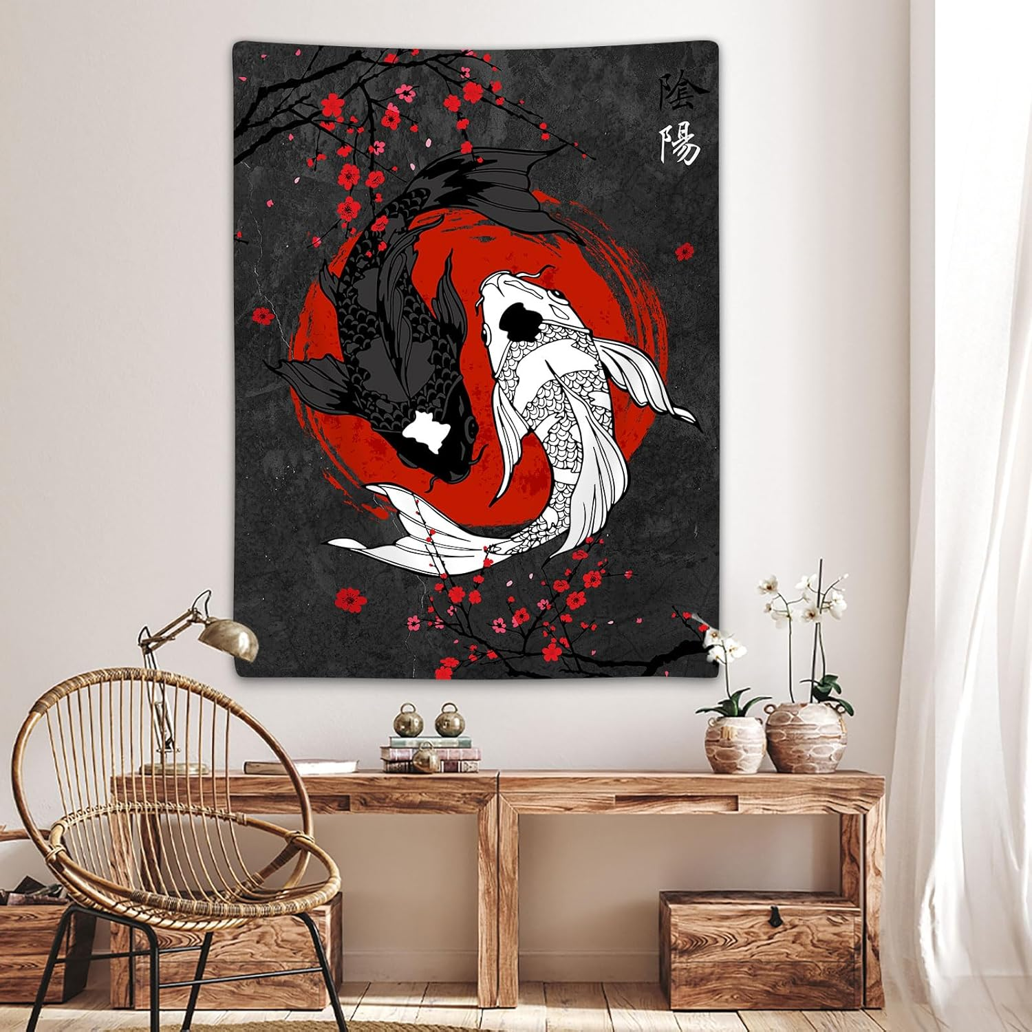 Japanese Yin Yang Koi Fish Tapestry, Cool Red and Black Anime Sakura Art Tapestries Vertical Wall Hanging for Men Bedroom Living Room Office Decor 40X60", Asian Cherry Blossoms Poster Blanket image number 2